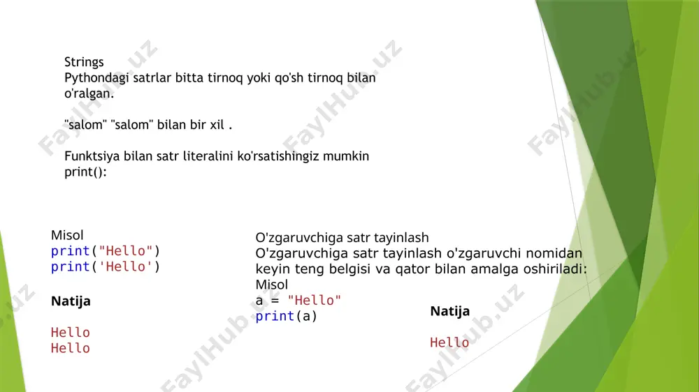 matnda “xalqaro" mavjudligini tekshiring: txt = "osiyo xalqaro universiteti!" print("xalqaro" in txt) natija true misol faqat " xalqaro " mavjud bo'lganda chop eting: txt = "osiyo xalqaro universiteti!" if "xalqaro" in txt: print(“bu textda 'xalqaro' so’zi bor.") stringni tekshiring satrda ma'lum bir ibora yoki belgi mavjud emasligini tekshirish uchun biz not in kalit so'zdan foydalanishimiz mumkin. misol quyidagi matnda “xalqaro" mavjudligini tekshiring: txt = "osiyo xalqaro universiteti!" print(“biz“ not in txt) natija true misol faqat " bir" mavjud bo'lmaganda chop eting: txt = "osiyo xalqaro universiteti!" if “biz" not in txt: print(“bu textda ‘biz' so’zi yo’q.") 2-pozitsiyadan 5-pozitsiyaga belgilarni oling (qo'shilmagan): b = "hello, world!" print(b[2:5]) misol belgilarni boshidan 5-holatgacha oling (qo'shilmagan): b = "hello, world!" print(b[:5]) misol belgilarni 2-pozitsiyadan oxirigacha oling: b = "hello, world!" print(b[2:]) /docprops/thumbnail.jpeg