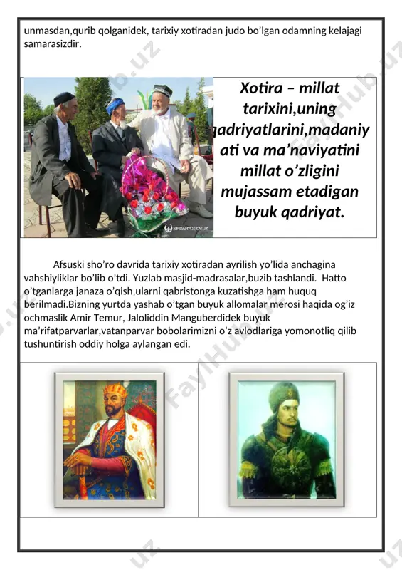 shtirish maqsadida 1999 – yil 2 – mayda o’zbekiston respublikasi prezidentining farmoni e’lon qilindi. farmonga ko’ra 9 – may “ xotira va qadrlash ” kuni deb belgilandi. xotira va qadrlash kuni umumxalq bayrami sifatida o’zbekistonda birinchi marotaba keng nishonlandi. qo’ling qadog’iga bosay yuzimni, onamsan-ku og’ir olma so’zimni. qayinbarglar yopib qaro ko’zini, olislarda qolgan usmonlaring bor. qurboning bo’layin ey onajonim, sening faryodlaring – mening fig’onim. o’tmishingni o’ylab o’rtanar jonim, aytsam ado bo’lmas armonlaring bor. xotira kuni … kimdir xotira maydonida urushdan qaytmagan yaqinlarini eslasa, kimdir qarindoshlari qabrini ziyorat qiladi. yana kimdir nuroniy ota-onasi,tabarruk buvi – buvalarining holidan habar oladi, ko’ngillarini ko’taradi. chunki bu kun qadrlash kuni hamdir. xotira maydoni bizning baxtli kelajagimiz uchun jon berganlar ruhi yod etiladigan muqaddas qadamjo bo’lib qoldi. u bizga bugungi shirin hayotimiz,totli turmushimiz qanday qurbonlar evaziga kelganligini, ularning qadriga yetishimiz kerakligini eslatib turadi. bag’rim o’rtar bu oy bahor ayyomlar, oy borgan yoqlarga termulib shomlar. aybin bilmay …
