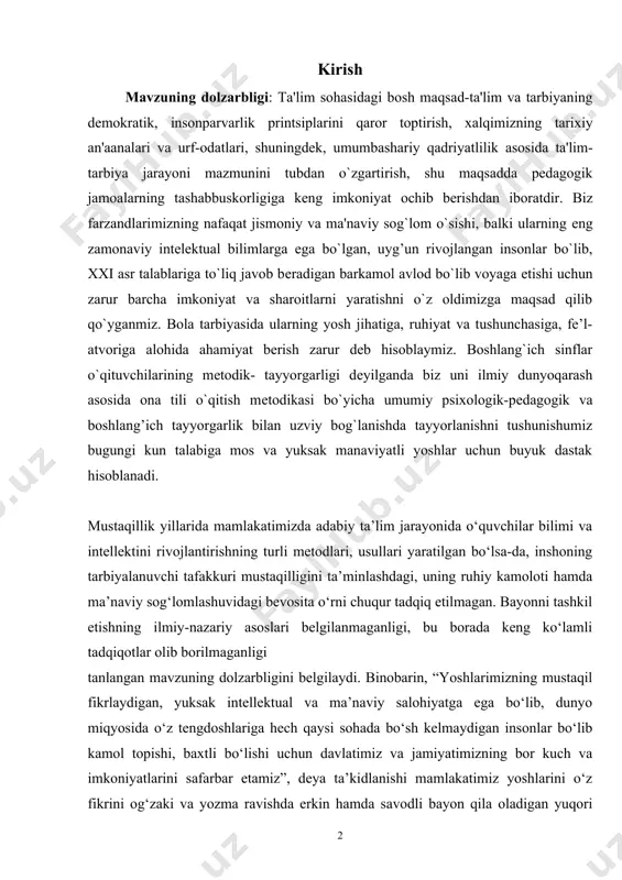 q etilmagan. bayonni tashkil etishning ilmiy-nazariy asoslari belgilanmaganligi, bu borada keng ko‘lamli tadqiqotlar olib borilmaganligi tanlangan mavzuning dolzarbligini belgilaydi. binobarin, “yoshlarimizning mustaqil fikrlaydigan, yuksak intellektual va ma’naviy salohiyatga ega bo‘lib, dunyo miqyosida o‘z tengdoshlariga hech qaysi sohada bo‘sh kelmaydigan insonlar bo‘lib kamol topishi, baxtli bo‘lishi uchun davlatimiz va jamiyatimizning bor kuch va imkoniyatlarini safarbar etamiz”, deya ta’kidlanishi mamlakatimiz yoshlarini o‘z fikrini og‘zaki va yozma ravishda erkin hamda savodli bayon qila oladigan yuqori malakali mutaxassislar etib tarbiyalashda yozma nutq va mustaqil tafakkurning shakli bolgan bayon hamda uni yozishning tartib-qoidalarini o‘rganish-o‘rgatishga asoslangan o‘qitishni maqsadli tashkil etish ta’limdagi dolzarb muammolardan biri sanaladi. ayniqsa ona tili va o’qish darslarida mustaqil ishlarni tashkil qilish rivojlantirish hamda ularni kelgusida olingan bilimlarni ongli hayotiy faoliyatda muvaffaqiyatli qo’llashlari uchun zarur ko’nikma va malakalarni shakllantirish boshlang’ich ona tili ta‘limining asosiy vazifalariga aylanishi lozim. shu nuqtayi nazardan o’quv jarayonida insho, bayon, jumladan hayotiy mazmunli, ularning to’plagan tajribasiga asoslangan matnlarni tuzish …