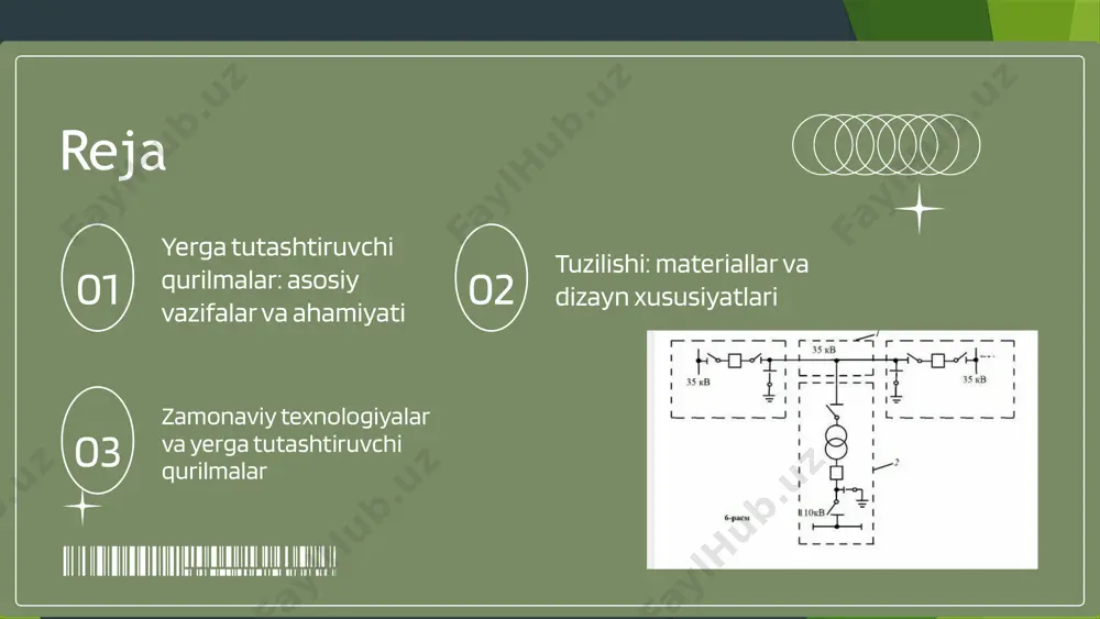 i sifatida, metall va plastmassadan tayyorlangan turli xil dizaynlar mavjud, bu ular orasidagi farqni ko'rsatadi. xulosa 1. yerga tutashtiruvchi qurilmalar haqida umumiy ma'lumot: elektr xavfsizligi uchun muhim ahamiyatga ega bo'lgan yerga tutashtiruvchi qurilmalar, xavfsizlik, energiya samaradorligi va barqarorlikni ta'minlash vazifasini bajaradi. 2. asosiy vazifalar va ahamiyat: ushbu qurilmalar elektr xavfsizligini ta'minlashda muhim rol o'ynaydi va energiya taqsimoti va tejash imkoniyatlarini yaratadi. 3. materiallar va dizayn: qurilmalarda ishlatiladigan materiallar zamonaviy texnologiyalar bilan bog'liq bo'lib, ularning xususiyatlari innovatsion yondashuvlarni ta'minlaydi. 4. kelajak istiqbollari: yerga tutashtiruvchi qurilmalar rivojlanishi va yangi imkoniyatlar haqida so'z yuritiladi, zamonaviy texnologiyalar esa innovatsion yechimlar bilan kelajakni belgilaydi. e'tiboringiz uchun rahmat! image1.png image2.png image10.png image11.png image3.png image4.png image12.png image13.png image5.png