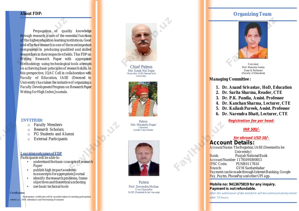 on; facilitating teacher’s training from primary level up to the doctoral stage. iqac cell & faculty of education, of institute of advance studies in education (deemed to be university) gvm sardarshahr are organizing a faculty development program (fdp) on ‘research paper writing for high index journal’ (24.05.2021 to 30.05.2021) day-wise topics are as follows: 1. research: concept, characteristics, types and steps 2. variables, title writing, objective writing and formulation of hypothesis 3. data collection: sampling and tools (only in short) 4. basics of statistics, scales of measurement 5. independent samples t-test and one way anova: writing of objectives, hypothesis, analysis and interpretation 6. review of literature, references, citation, plagiarisms and its tools 7. templates for research paper & tips for selection of appropriate journal for manuscript from:24/05/2021 to 30/05/2021 time : 2.00 pm to 4:00.00 pm for online registration, fill the form given below- https://forms.gle/q9rgismpyxmkbcw67 registration open from: 08.05.2021. last …