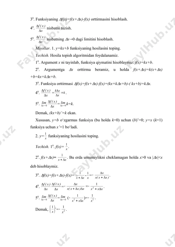 inishda ifodalash mumkinligi ma’lum ( ). bizning holimizda limitga ega bo‘lgan funksiya deb funksiya orttirmasining argument orttirmasiga nisbatini olamiz. u holda ushbu tenglik o‘rinli bo‘ladi: =f’(x)+(, bu erda (=(((x) va (=0. bundan funksiya orttirmasi (y=f(x+(x)-f(x) ni quyidagi ko‘rinishda yozish mumkinligi kelib chiqadi: (y=f’(x)((x+(((x (2.1) bu tenglikdan, agar (x(0 bo‘lsa, u holda (y(0 bo‘lishi kelib chiqadi. bu esa f(x) funksiyaning x nuqtada uzluksizligini bildiradi. teorema isbot bo‘ldi. bu teoremaning teskarisi o‘rinli emas, ya’ni funksiyaning nuqtada uzluksizligidan uning shu nuqtada hosilasi mavjudligi kelib chiqavermaydi. masalan, y=|x| funksiya x ning barcha qiymatlarida, xususan x=0 nuqtada uzluksiz, ammo x=0 nuqtada hosilaga ega emas. bu funksiyaning x=0 nuqtadagi orttirmasi (y=|(x| bo‘lib, undan va nisbatning (x(0 dagi limiti mavjud emasligi kelib chiqadi, demak f(x)=|x| funksiya x=0 nuqtada hosilaga ega emas. 3. bir tomonli hosilalar. ta’rif. agar (x(+0 ((x(-0) da nisbatning limiti mavjud va chekli bo‘lsa, bu limit f(x) funksiyaning x0 nuqtadagi o‘ng (chap) hosilasi deb ataladi …