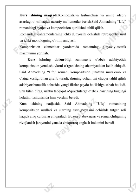 bo’lim, band, parda, ko’rinish va sh.k. bo’linishini jamg’aradi. darvoqye, “kompozitsiya-badiiy asarni tashkil etuvchi va intizomga bo’ysindiruvchi kuch. uning vazifasi biron bir narsaning chetga chiqib ketishiga yo’l qo’ymaslik, ayni chog’da, uning birbutunlikka birikishini nazorat qilishdir... uning maqsadi barcha bo’laklar (parchalar)ni shunday joylashtirishki, ular alal-oqibat asar g’oyasini to’liq ifodalashga qodir bo’lsinlar”.[footnoteref:2] [2: rahmonov, diyorbek. o‘zbek romanchiligida psixologik tahlil. toshkent, 2018.] bu fikrlardan ko’rinadiki, asar g’oyasini ochishga xizmat qilmaydigan bironta obraz, bironta ko’rinish, bironta hatti-harakat, bironta so’z bo’lmasligini badiiy kompozitsiya nazorat qiladi va shu xislati bilan go’zallikda yagona bo’lgan olamni – badiiy asarni yuzaga kelishiga sababkor bo’ladi. adabiyotshunos olimlar fikricha, kompozitsiya faqat syujet emas, balki asardagi qahramonlararo munosabatlar, vaqt va makon o‘zgarishlari, voqea-tasniflarining o‘zaro bog‘lanishi hamdir. shu bois, har qanday badiiy asar o‘ziga xos kompozitsiyaga ega bo‘lib, uning muvaffaqiyati ko‘p jihatdan aynan shu tuzilishga bog‘liq. said ahmadning “ufq” romani o‘zining murakkab va qatlamli kompozitsiyasi bilan o‘zbek adabiyotida alohida o‘rin tutadi. roman kompozitsiyasida vaqt …