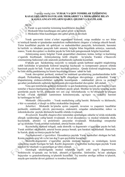 yurak va qon tomirlar tizimining kasalliklari — DOC