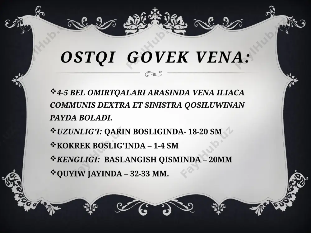 shuqur venalarnin’ trombozi natijesinde rivajlanadig’an simptomlar kompleksi. 1-1,5 % ahalida ushraydi tungi waqtlarda ham uzoq waqt tik turib qoluwda baltir bukshiqetleri tortisib qaladi. shish payda boladi. 4ta turi boladi: shish ogriqli varikoz yarali aralash postromboflebitik sindrom: vena cava inferior: bolalarga xos xususiyatlari 3-4-bel omirtqalari sohasinda payda boladi burchagi 63 gradus boladi qisqa ham nisbeten ken’ boladi vena oqimlari devoli vena cava superiorga nisbeten qalin’ boladi ospirinlik davrinda diametri 23-26 mm boladi. image3.png image4.png image5.png image6.png image7.png image8.png image9.png image10.png image11.png image12.png image13.png image14.png image15.png image16.png image17.png image18.png image19.png image20.png image21.png image22.png image23.png image24.png image25.png image26.png image27.png image28.png image29.png image2.png