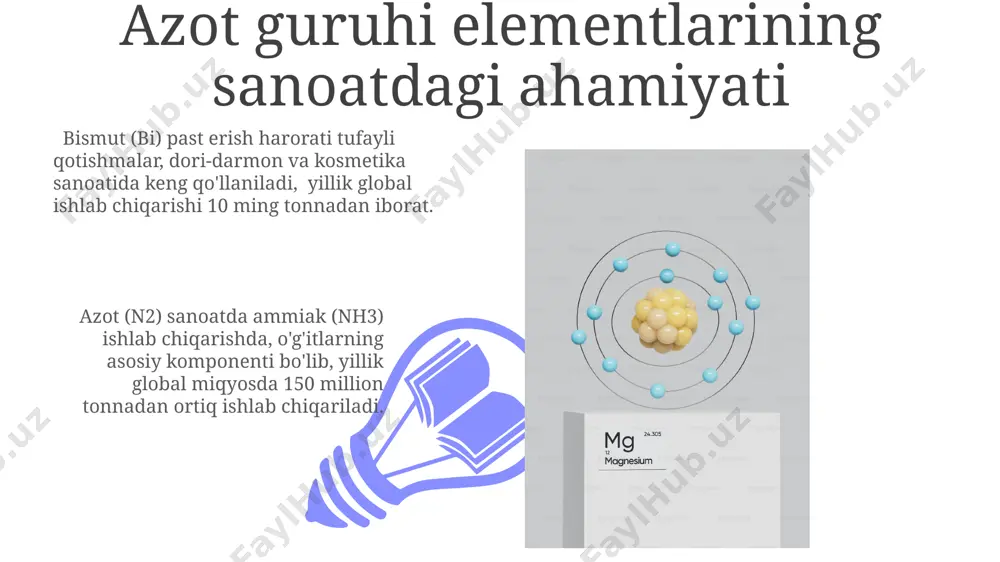ravishda yutadi. arsenning xossalari va qo'llanilishi arsen yarim o'tkazgichlarda, masalan, galliy arsenid (gaas) kabi, yuqori tezlikdagi elektron qurilmalarda qo'llaniladi. gaas lazer diodlari va quyosh panellarida ham qo'llaniladi. arsenning uchta allotropik shakli mavjud: kulrang, sariq va qora arsen. kulrang arsen eng barqaror shakli bo'lib, metallga o'xshash xossalarga ega va elektr o'tkazuvchanligi past. azot guruhi elementlarining kimyoviy reaksiyalari 01 02 fosfor (p) ning allotropik modifikatsiyalari (oq, qizil, qora) mavjud bo'lib, ularning reaksiyaga kirishish faolligi farq qiladi; masalan, oq fosfor havoda o'z-o'zidan alangalanadi. sales 1st qtr 2nd qtr 100 0 sales 1st qtr 2nd qtr 100 0 e'tiboringiz uchun rahmat @taqdimot_robot image4.jpg image5.jpg image6.jpg image7.jpg image8.jpg image9.jpg image10.jpg image11.jpg image12.jpg image13.jpg image14.jpg image15.jpg image1.jpeg image2.jpeg image3.jpeg