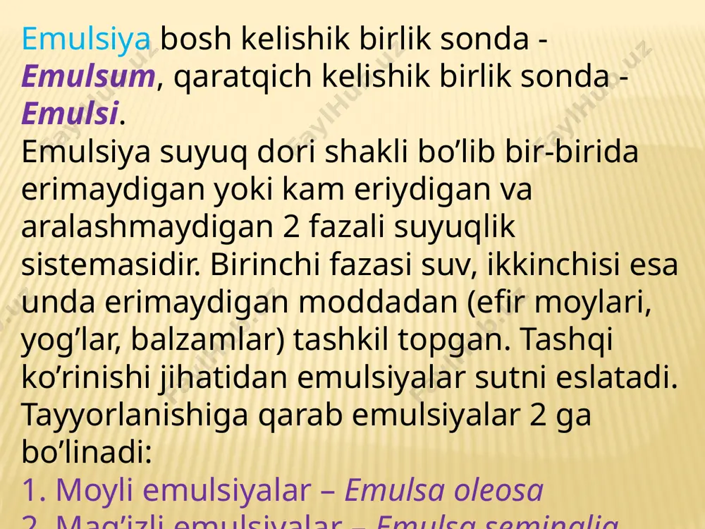yalar turg’un bo’lmaganliklari uchun 12 marta qabul qilish uchun yoziladi. moyli emulsiyalar reseptda kengaytirilgan va qisqartirilgan shaklda yoziladi. reseptga misol. tarkibida 20 ml treska balig’i moyini saqlovchi 200 ml emulsiya yozib berilsin. kuniga 1 osh qoshiqdan 2 marta qabul qilish buyurilsin. kengaytirilgan shakl: rp.: olei jecoris aselli 20 ml gelatosae 10,0 aquae destillatae ad 200 ml m.f. emulsum d.s. kuniga 1 osh qoshiqdan 2 marta qabul qilinsin. suspenziya (suspensio) bosh kelishik birlik sonda - suspensio, qaratqich kelishik birlik sonda – suspensionis) suspenziya – dozalanmagan suyuq dori shakli bo’lib, qattiq dori moddalarining suyuqlikdagi muallaq zarrachalardir. ular in’eksiya, ichish va sirtga ishlatish uchun buyuriladi. ishlatishdan oldin chayqatiladi. sterillangan suspenziyalarni mushaklar orasiga yuborish mumkin. suspenziyalar reseptda kengaytirilgan va qisqartirilgan shaklda yoziladi. suspenziya tayyorlashda suyuqlik o’rnida suv ishlatilganda, shuningdek offisinal suspenziyalar uchun reseptlar qisqartirilgan shaklda yoziladi. rp.: belgisidan so’ngra qarqtqich kelishigi birlik sonda, bosh harfda dori shaklining nomi (suspensionis), so’ngra qaratqich kelishigida bosh harf …