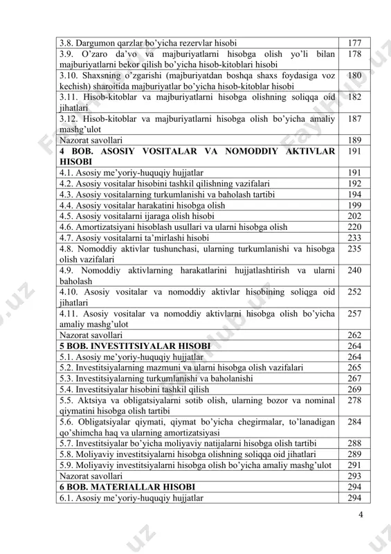 sh vazifalari 265 5.3. investitsiyalarning turkumlanishi va baholanishi 267 5.4. investitsiyalar hisobini tashkil qilish 269 5.5. aktsiya va obligatsiyalarni sotib olish, ularning bozor va nominal qiymatini hisobga olish tartibi 278 5.6. obligatsiyalar qiymati, qiymat bo’yicha chegirmalar, to’lanadigan qo’shimcha haq va ularning amortizatsiyasi 284 5.7. investitsiyalar bo’yicha moliyaviy natijalarni hisobga olish tartibi 288 5.8. moliyaviy investitsiyalarni hisobga olishning soliqqa oid jihatlari 289 5.9. moliyaviy investitsiyalarni hisobga olish bo’yicha amaliy mashg’ulot 291 nazorat savollari 293 6 bob. materiallar hisobi 294 6.1. asosiy me’yoriy-huquqiy hujjatlar 294 6.2. materiallarni turkumlash, baholash va ularni hisobga olishning vazifalari 294 6.3. materiallar harakatini rasmiylashtirish va ularning sintetik hisobini tashkil etish 302 6.4. tovar-moddiy qiymatliklarni inventarizatsiya qilish va natijalarini rasmiylashtirish tartibi 314 6.5. materiallarni hisobga olishning soliqqa oid jihatlari 325 6.6. materiallarni hisobga olish bo’yicha amaliy mashg’ulot 328 nazorat savollari 332 7 bob. mehnat va unga haq to’lash hisobi. xodimlar bilan boshqa operatsiyalar bo’yicha hisob-kitoblar hisobi 334 7.1. …