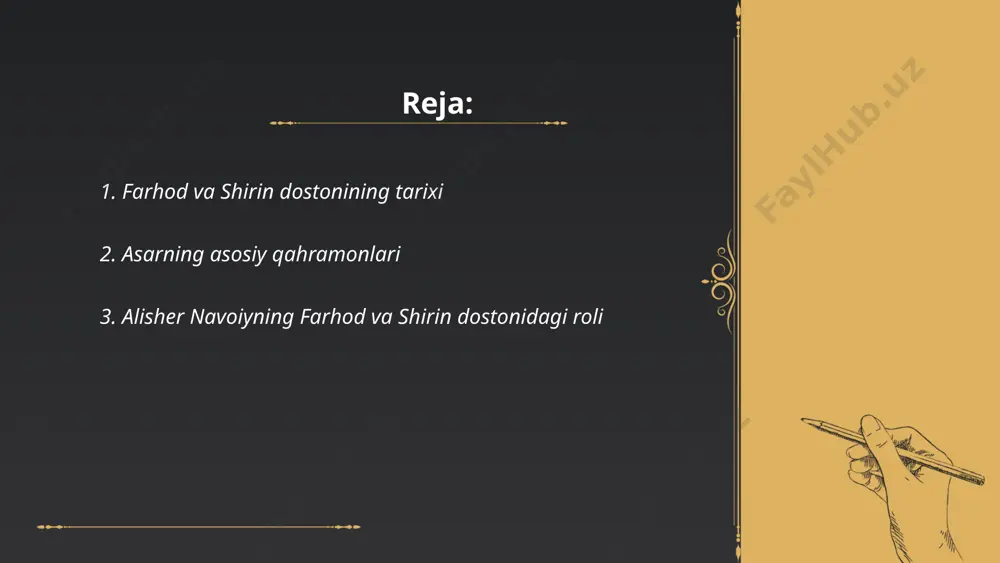 navoiy "xamsa" turkumiga kiruvchi ushbu doston orqali she'riyatda insoniy fazilatlar, sevgi va hayotning murakkab jihatlarini mohirona tasvirlaydi. "farhod va shirin" o'zbek adabiyotining yuksak namunasi hisoblanadi. ... t.me/slaydai_bot 4. dostonning mavzusi va asosiy gʻoyasi dostonning mavzusi va asosiy gʻoyasi odatda insoniy qadriyatlar, doʻstlik, vatanparvarlik yoki sevgi kabi universal mavzular atrofida aynan badiiy uslubda tasvirlanadi. oʻzbek adabiyotida alisher navoiy, bobur va furqat kabi ijodkorlarning dostonlari koʻp. masalan, alisher navoiyning “xamsa” asari shoirlarning shaxsiy tajribalar va jamiyatdagi holatlar orqali axloqiy va falsafiy gʻoyalarni oʻrganadi. dostonlar koʻpincha bir necha yuz betdan iborat boʻladi, ular epik voqealarga, tarixiy shaxslar yoki timsollarga e'tibor qaratadi, mavjudlik masalalarini tadqiq qiladi va oʻquvchini chuqur fikrlashga undaydi. ... t.me/slaydai_bot 5. "dostonning syujeti" mavzusi, asosan, dostonning hikoya chizig'iga qaratilgan bo'lib, u o'ziga xos voqealarni tasvirlaydi. dostonda odatda markaziy qahramonlar, ularning maqsadlari va duch kelgan to'siqlari tasvirlanadi. syujet bir necha muhim davrlardan iborat bo'lishi mumkin: boshlanish, rivojlanish, cho'qqi nuqtasi va yakun. har …