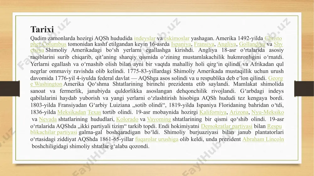 ederativ respublikadir. bundan tashqari, jahonning mavjud eng qadimgi federatsiyasi hisoblanadi. 2021-yilda aqsh demokratiya indeksida 26-oʻrinni egalladi. aqshning amaldagi konstitutsiyasi 1787-yilda qabul qilingan. davlat va hukumat boshligʻi, qurolli kuchlar bosh qoʻmondoni — prezident, uning vakolatlari juda katta. vitse-prezident bilan birga bavosita, ikki bosqichli saylov yoʻli bilan (saylovchilar hayʼati orqali) 4 yil muddatga saylanadi. qonun chiqaruvchi hokimiyatni senat va vakillar palatasidan iborat ikki palatali kongress amalga oshiradi. senatda 100 senator bor (ular 6 yil muddatga, har shtatdan 2 tadan saylanadi va 1/3 qismi har 2 yilda yangilab turiladi). davlat tuzumi vakillar palatasiga 435 deputat 2 yilga saylanadi. ijrochi hokimiyat organi — aqsh hukumati prezident tomonidan senatning roziligi bilan tayinlanadi; 13 vazirdan iborat boʻladi. hukumat kongress oldida masʼul emas. har bir shtatning oʻz konstitutsiyasi bor. shtatdagi qonun chiqaruvchi hokimiyatni qonun chiqaruvchi majlis, ijrochi hokimiyatni esa gubernator amalga oshiradi. aqsh davlatining konstitutsiyaviy tizimiga uch siyosiy-huquqiy qoida asos qilib olingan, bu qoidalar — hokimiyatning boʻlinishi, …