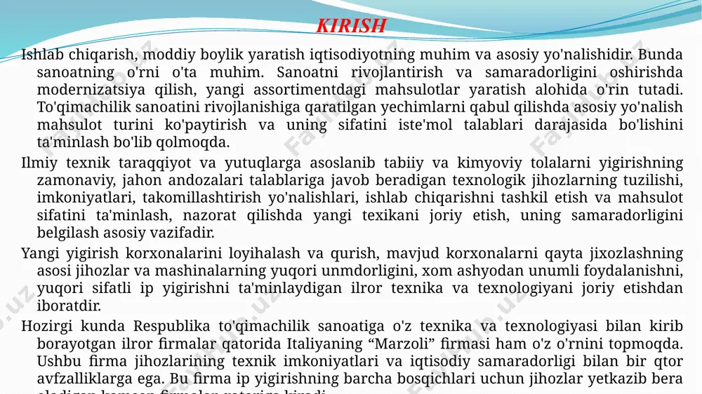 tolalardan ip yigirishda foydalanish bilan tasdiqlanmoqda. “marzoli” firmasining jihozlarida paxta tolalaridan ip ishlab chiqarish muammolari va yechimlari qayta tarash mashinasida jarayonni borishi juda murakkab va uning samaradorligiga ta'sir etuvchi omillar ham ko’p. shulardan biri tolalardan samarali foydalanishdir. tolalardan samarali foydalanishi o’z navbatida tolalarni tarashda saralanishi hisoblanadi. ma'lumki, qayta tarash jarayonida anchagina kalta tolalar tarab tashlanadi, natijada tolalar uzun va kalta tolalarga ajralib, saralanish hodisasi ro'y beradi. “marzoli” firmasi paxta tolalarini qayta tarash uchun tarash mashinalari ishlab chiqaruvchi kam sonli firmalar qatoriga kiradi. ushbu firmaning lap winder lw2n pilta qo'shish va comber cm600n rusumli qayta tarash mashinalari ko'plab korxonalarda muvafaqqiyat bilan ishlatilmoqda . firmaning jihozlaridan foydalanishni tajribalari yangi, sm7 rusumdagi yangi qayta tarash mashinasini tavsiya etmoqda. unda tarash sikllari soni 480 dan 600 gacha orttirilishi samaradorlikni oshirishga, pilta sifani yaxshilashga imkon beradi. paxtani qayta tarashning qo'llanilishi malumki, ip yigiruv korxonalarida ishlab chiqariladigan paxta ipidan, asosan, gazllama to'qiladi. bundan tashqari, tikuvchilik, poyabzal, …