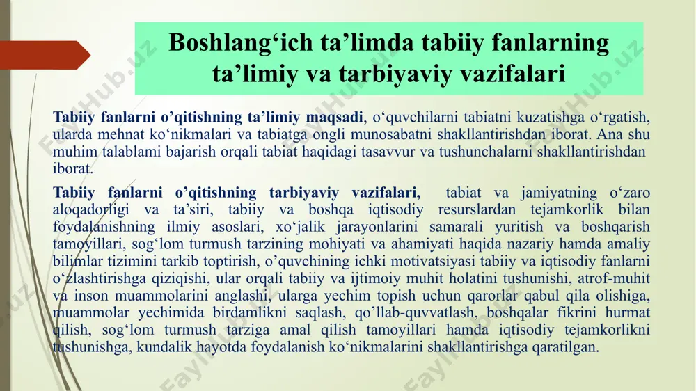 tarbiya vazifasi intellektu-al koʻnikmalar, yaʼni har qanday fanni oʻrganishda qoʻllaniladigan umumiy oʻquv koʻnikmalari -oʻqish, tinglash, oʻz fi-krini ogʻzaki bayon etish, yozish, manba bilan ishlash, mustaqil fikrlash malakalarini shuningdek biror fanni egallash boʻyicha zarur boʻlgan maxsus koʻnikmalar (chizma, xaritalarni oʻqiy bilish, ularning natijalarini chiqara olish) ni egallashdan iborat. aqliy tarbiyaning maqsadi ta’limiy maqsadi amaliy va nazariy o’rganishlar orqali o’rganishlarda empirik kuzatishlarda inson tafakkuri doirasidagi bilimlarni o‘rganish, aniq xulosalar chiqarish va ilmiy xulosalardan insonlarning ijtimoiy turmush tarzini yaxshilash yo‘lida foydalanish. bu boradagi hamma ilmiy xulosalar insonning yaxshi yashashi, sog‘lom va uzoq umr ko‘rishi uchun xizmat qilishi lozimligini anglatishdan iborat ta’rbiyaviy maqsadi bizning qamrab turgan atrof olamni yaxshi bilishni uniga mehr-muhabbat ko‘zi bilan qarashni talab etadi, aqliy tarbiya berish asosida o’quvchilar fan yutuqlari ularni zamonga bog‘lash va ekologiya, yer, suv, tuproq, o‘simlik va hayvonot dunyosi bilan tanishadi, ularni muhofaza qilish, qilon afoydalanish va vatannni o’rganish orqali mehr-muhabbat uyg’onadihamda fanning qadimgi markazlari to‘g‘risida bilimga …