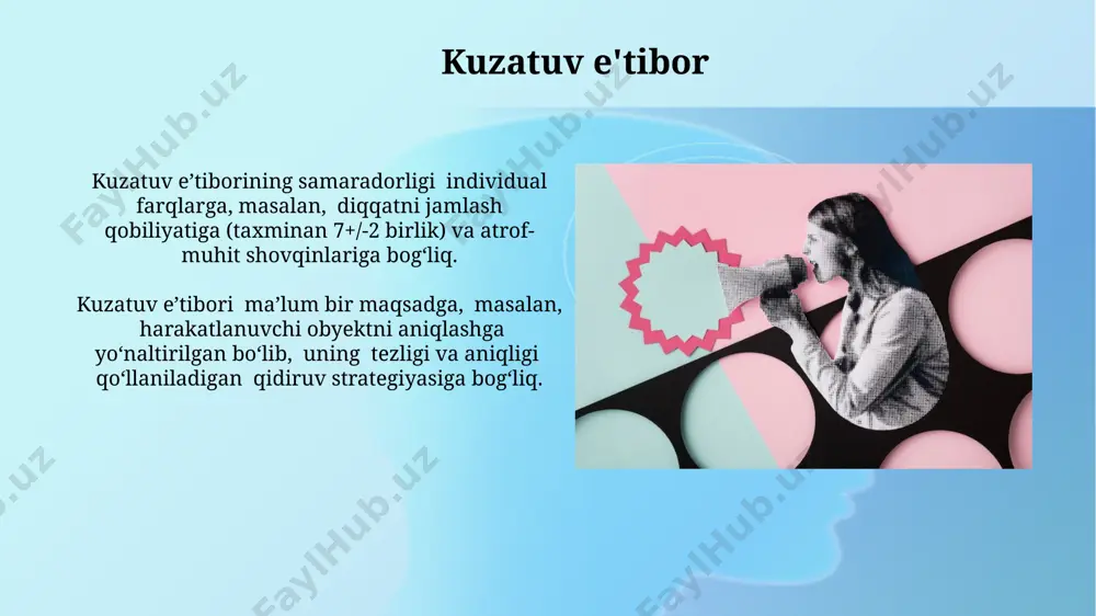 alan, shovqinli xonada suhbatdoshning gaplarini ajratib olish. "cocktail party effekti" deb ataluvchi hodisa, shovqinli muhitda ma'lum bir tovushga (masalan, o'z ismingizga) diqqatni avtomatik ravishda qaratishni namoyish etadi, bu esa diqqatning selektiv xususiyatini ko'rsatadi. noixtiyoriy e'tibor noixtiyoriy e'tiborni o'rganishda, 5 ta asosiy psixofiziologik ko'rsatkichlarni tahlil qilish mumkin: yurak urishi, nafas olish tezligi, terlash, miyada elektr faolligi va ko'z harakatlari. noixtiyoriy e'tiborning intensivligi 3 ga yaqin omil bilan belgilanadi: stimulning yangiligi, intensivligi va emosional ahamiyati. kuchli va g'ayrioddiy stimullar kuchliroq noixtiyoriy e'tiborni keltirib chiqaradi. selektiv e'tibor selektiv e'tiborning bir turi bo'lgan kokteyl-partiya effekti, odamlar shovqinli muhitda o'z ismlarini eshitish ehtimolini 80% ga oshiradi. endogen va ekzogen nazorat mexanizmlari selektiv e'tiborning ikki asosiy turi bo'lib, ularning faollashuvi miya korteksining turli sohalarining 15% dan ortiq qismini jalb qiladi. e'tiboringiz uchun rahmat @taqdimot_robot image2.jpg image3.jpg image4.jpg image5.jpg image6.jpg image7.jpg image8.jpg image9.jpg image10.jpg image11.jpg image12.jpg image13.jpg image14.jpg image15.jpg image16.jpg image17.jpg image18.jpg image1.png