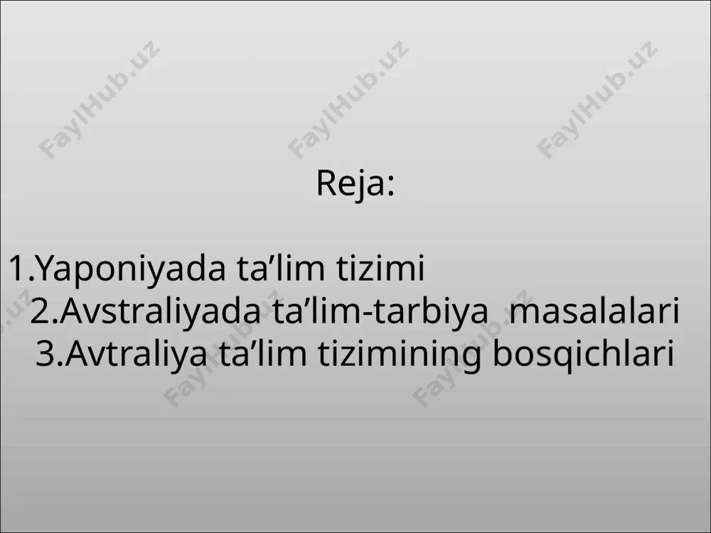 r, hamma uchun ochiq boʻlgan zamonaviy maktablar ochildi. 1900-yilda majburiy uch yillik, soʻngra toʻrt yillik va nihoyat, 1908-yilda olti yillik taʼlimning joriy etilishi yaponiyani oʻsha davrda aholisi deyarli toʻliq savodli boʻlgan dunyodagi kam sonli davlatlardan biriga aylantirdi. 1877-yilda imperatorlik universitetlarining birinchisi boʻlgan tokio davlat universiteti tashkil topdi. maktab talimi avstraliyada maktab talimi 13 yil. bolalar 5-6 yoshdan qabul qilishni boshlaydi. boshlang’ich maktabdan o’rta maktabga 13-15 yoshda o’tadi qishloq hududlarida uydagi ta’lim ham mavjud. ammo uyda o’qiydiganlar unchalik ham ko’p emas ularning umumiy soni 1% ni tashkil etadi. 65% bolalar davlat mattablarida o’qishadi 34% bolalar esa katoilik va xususiy maktablarida o’qishadi. davlat maktablarida o’qish barcha fuqarolar va avstraliyaning doimiy yashovchi aholisi uchun bepuldir. xususiy maktablarda o’qish ota onalarga bitta bola uchun qo’shimcha xarajatlar 1-yil uchun 316 avstraliya dollariga tushadi. ko’pchilik avstraliyalik maktab o’quvchilari maktab formasida yurishadi. maktablarda umumiy forma mavjud emas har qaysi maktab o’z qoidasini o’rnatadi. (faqat forma masalasida) ba’zi …