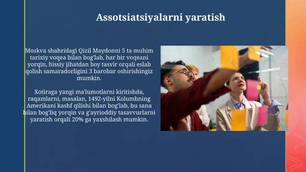 langan. uyqusizlik miya hujayralarining 30% gacha zararlanishiga olib kelishi mumkin, bu esa xotira funksiyalarini buzadi va farg’ona vodiysida o’tkazilgan tadqiqotlarda tasdiqlangan. hikoya tuzish usuli kichik, 5-7 so'zdan iborat hikoyalarni takroran eslab, 2 hafta davomida mashq qilish natijasida, 100 dan ortiq so'zlarni yod olishda 40% samara oshishi kuzatildi, farg'ona viloyati maktablarida o'tkazilgan testlar shuni tasdiqladi. "hikoya tuzish" usulida, har bir so'z yoki tushunchaga 3 ta yorqin tasvir va 2 ta his-tuyg'u qo'shish orqali, 15 so'zni eslab qolish samaradorligi toshkentdagi o'quvchilar guruhi orasida 85% ga yetgan. kartochkalar usuli kartochkalar usuli yordamida 100 tagacha so'z yoki raqamlarni 7 kundan kamroq vaqt ichida o'rganish mumkin, bu esa xotirani 20% ga oshirishga yordam beradi, ayniqsa toshkent kabi gavjum shaharlarda. kartochkalar usuli, 20 ta kartochkadan foydalanib, ingliz tilidagi 50 ta yangi so'zni 80% ga eslab qolish imkonini beradi, bu esa andijon viloyatidagi universitet talabalari orasida ommalashgan. mnemonik texnikalar “loci” metodi deb ataluvchi mnemonik usulda, ma'lum bir …