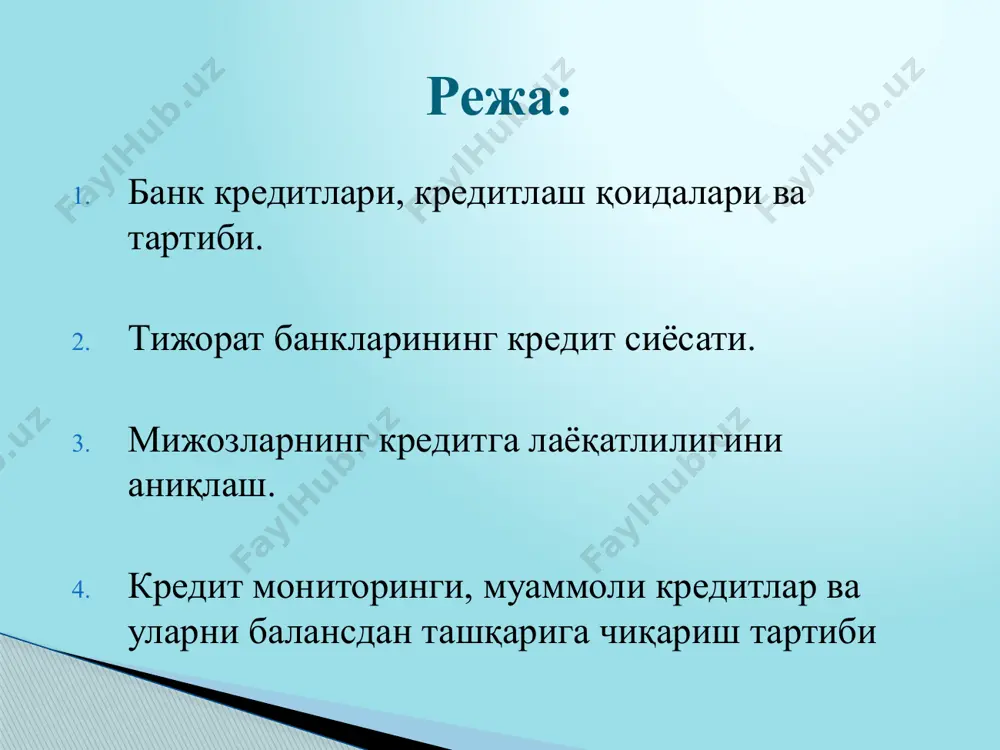 лов воситаларини чиқариш функцияси. кредитнинг функциялари: тижорат банкларида кредитлаш жараёни асосан қуйидаги тамойиллар орқали амалга оширилади муддатлилиги қайтарилиши таъминланганлиги мақсадлилиги фоизлиги самаралилик кредитлаш жараёни тамойиллари кредит қонунлари кредит қонунларининг асосий белгилари: умумийлик конкрет кредит қайтарилишини қонуни мувозанат қонуни қийматнинг сақланиши қонуни. кредит муносабатларининг таркибий қисмлари кредитлаш тартиби кредитлаш субъектлари кредитлаш объектлари кредит таъминоти кредитор кредит олувчи кредитга берилган қиймат кредит шакллари кредитлар объектига кўра 2 шаклга эга. банк кредити. товарли (тижорат) кредит. кредитлар кредит муносабатларининг акс эттиришига кўра қуйидаги шаклларга бўлинади: давлат кредити. халқаро кредит тижорат кредити. истеъмол кредити банк кредит. иқтисодиётда кенг тарқалган кредит муносабат-ларининг шаклларидан биридир. унинг объекти пул маблағларини бевосита ссудага бериш жараёни ҳисобланади. банк кредитини берувчи кредит муассасалари кредитлаш жараёнини амалга ошириш учун марказий банкдан махсус лицензия (рухсатнома) олган бўлиш-лари зарур. қарз олувчи сифатида юридик шахслар, аҳоли, давлат, хорижий давлат мижозлари иштирок қилишлари мумкин. кредит муносабатларининг воситаси бўлиб, кредит шартнома ёки кредит келишуви ҳисобланади. бу кредит …