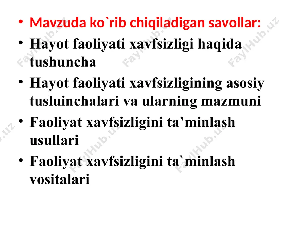 лодда вазиятларда аҳоли ҳаёти, соғлигини, моддий ва маданий бойликларни муҳофаза қилишдан иборат. бу вазифани самарали ташкил этиш учун муҳофазанинг қонуний, ташкилий, иқтисодий, ижтимоий, муҳандислик-техник, махсус асосларига эга бўлишимиз зарур. аҳоли ва ҳудудларни фавқулодда вазиятлардан муҳофаза қилишнинг қонуний асосини ўзбекистон республикаси конституцияси, ўзбекистон республикаси президентининг фармонлари, ўзбекистон республикаси қонунлари, вазирлар маҳкамасининг қарорлари ва фавқулодда вазиятлар вазирининг кўрсатма ва бошқа тегишли меъёрий ҳужжатлари ташкил этади. фуқаро муҳофазаси соҳасида қабул қилинган ўзбекистон республикаси қонунлари сўнгги йилларда олий мажлис томонидан янги асрда аҳолининг хавфсизлигини кафолатловчи, фуқаролар масъулияти ва жамият тараққиётининг хуқуқий заминини белгиловчи бир нечта қонунлар қабул қилинди. “йўл ҳаракати хавфсизлиги тўғрисида”, “гидротехника иншоотларининг хавфсизлиги тўғрисида”, “одамнинг иммунитет танқислиги вируси билан касалланишининг (оив касаллиганинг) олдини олиш тўғрисида”, “аҳолини ва ҳудудларни табиий ҳамда техноген хусусиятли фавқулодда вазиятлардан муҳофаза қилиш тўғрисида”, “фуқаро муҳофазаси тўғрисида”, “қишлоқ хўжалик ўсимликларини зараркунандалар, касалликлар ва бегона ўтлардан ҳимоя қилиш тўғрисида”, “радиациявий хавфсизлик тўғрисида”, “терроризмга қариш кураш туғрисида”ги қонунлар шулар жумласидандир. юқорида …