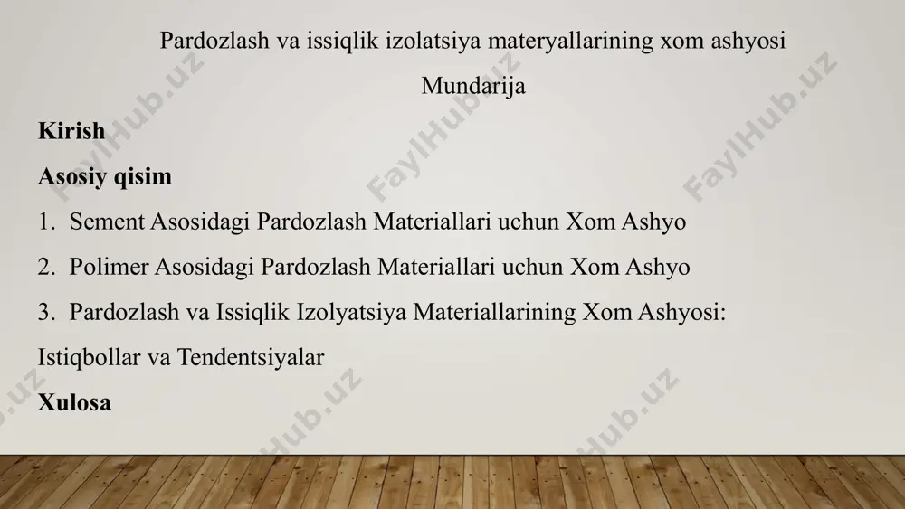 ishlab chiqarish uchun asosiy xom ashyo bo'lib, maydalanadi va kuydiriladi. tez qotish xususiyatiga ega. qum gips qorishmasining to'ldiruvchisi bo'lib, uning hajmini va yorilishga chidamliligini oshiradi. suv gipsning qotish jarayonida ishlatiladi. qorishma tayyorlashda toza suvdan foydalanish lozim. gips asosidagi pardozlash materiallari tez qotish xususiyatiga ega, oson ishlov beriladi va silliq yuzani hosil qiladi. ular asosan binolarning ichki qismlarini pardozlashda, shuningdek, dekorativ elementlar yasashda qo'llaniladi. 5 polimer asosidagi pardozlash materiallari uchun xom ashyo akril polimerlar suvda eriydigan polimerlar bo'lib, yuqori elastiklikka va uv nurlariga chidamlilikka ega. vinil polimerlar arzon va suvga chidamli polimerlar bo'lib, devor qog'ozi yopishtirishda va bo'yoq ishlab chiqarishda ishlatiladi. epoksi qatronlar yuqori mustahkamlikka va kimyoviy moddalarga chidamlilikka ega polimerlar bo'lib, zamin qoplamalarida va gidroizolyatsiya materiallarida qo'llaniladi. polimer asosidagi pardozlash materiallari turli xil ranglarda va fakturalarda ishlab chiqarilishi mumkin, yuqori elastiklikka, suvga va kimyoviy moddalarga chidamlilikka ega. ular binolarning tashqi va ichki qismlarini pardozlashda, shuningdek, zamin qoplamalarida va gidroizolyatsiya materiallarida …