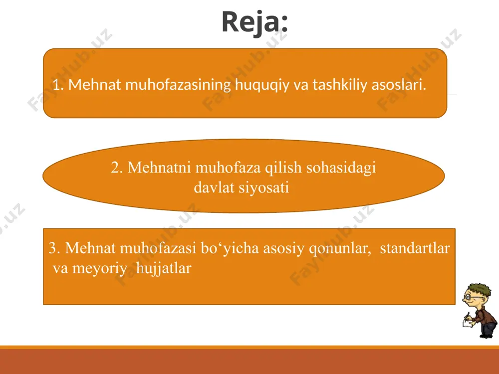 96 yilning 1 aprelidan boshlab amalda foydalanib kelgan mehnatga oid huquqiy munosabatlarga nisbatan qo`llanilishi ko`rsatib o`tilgan. xodimning asosiy mehnat huquqlari. о‘zbekiston respublikasining konstitusiyasiga muvofiq har bir shaxs mehnat qilish, erkin ish tanlash, haqqoniy mehnat shartlari asosida ishlash va qonunda belgilangan tartibda ishsizlikdan himoyalanish huquqiga egadir har bir xodim: о‘z mehnati uchun qonun hujjatlarida belgilangan eng kam oylik ish haqidan oz bо‘lmagan miqdorda haq olish; muddatlari chegarasi belgilangan ish vaqtini о‘rnatish, bir qator kasblar va ishlar uchun ish kunini qisqartirish, har haftalik dam olish kunlari, bayram kunlari, shuningdek haq tо‘lanadigan yillik ta’tillar berish orqali ta’minlanadigan dam olish; xavfsizlik va gigiyena talablariga javob beradigan sharoitlarda mehnat qilish; ish beruvchining asosiy huquqlari: korxonani boshqarish va о‘z vakolatlari doirasida mustaqil qarorlar qabul qilish; qonun hujjatlariga muvofiq yakka tartibdagi mehnat shartnomalarini tuzish va bekor qilish; mehnat shartnomasida shart qilib kо‘rsatilgan ishni lozim darajada bajarishni xodimdan talab qilish; о‘z manfaatlarini himoyalash uchun boshqa ish beruvchilar bilan …