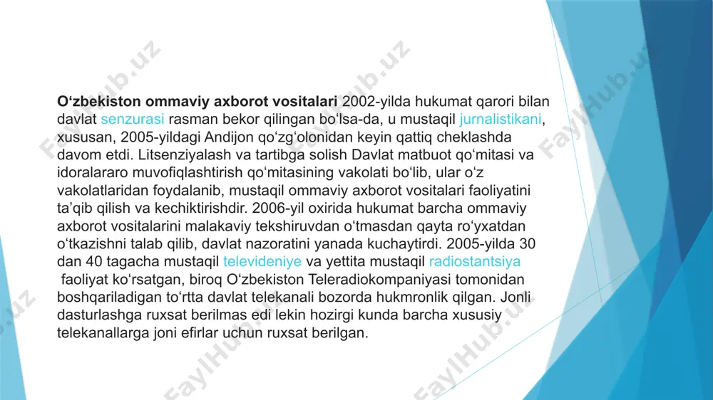y etilgan. rangli televizor ham 1970-yillarda paydo boʻlgan. oʻsha paytlarda „oʻzbekiston“ yagona telekanal boʻlib, kuniga bir necha marta efirga uzatilardi. oʻzbekistonning birinchi xususiy televideniyesi stv 1991-yil 15-mayda oʻz faoliyatini boshlagan. 2005-yilda 30 dan 40 tagacha mustaqil telekanallar faoliyat koʻrsatgan, biroq oʻzbekiston teleradiokompaniyasi tomonidan boshqariladigan toʻrtta davlat telekanali bozorda hukmronlik qilgan. jonli dasturlashga ruxsat berilmaydi. shunday boʻlishiga qaramadan bugungi kunda barcha xususit telekanallar jonli efir olib borishmoqda va unga qonuniy cheklov qoʻyilmagan. raqamli uzdigital[tahrir | manbasini tahrirlash] oʻzbekistonning birinchi va yetakchi raqamli platformasi uzdigital 2009-yilda ishga tushirilgan. 2013-yilda tijorat asosida hd formatidagi yuqori aniqlikdagi televidenie ishga tushirildi. uzdigital yaqinda zoʻr tv hd, my5 hd, sevimli hd, kinoteatr hd, milliy hd va uzhd kabi oʻzining hd kanallarini ishga tushirdi. 2012-yil sentyabr oyida tomoshabinlar soni 1 millionga yetdi. o‘zbekiston respublikasining qonuni “ommaviy axborot vositalari to‘g‘risida”gi o‘zbekiston respublikasi qonuniga o‘zgartish va qo‘shimchalar kiritish haqida qonunchilik palatasi tomonidan 2006-yil 28-iyunda qabul qilingan senat tomonidan 2006-yil …