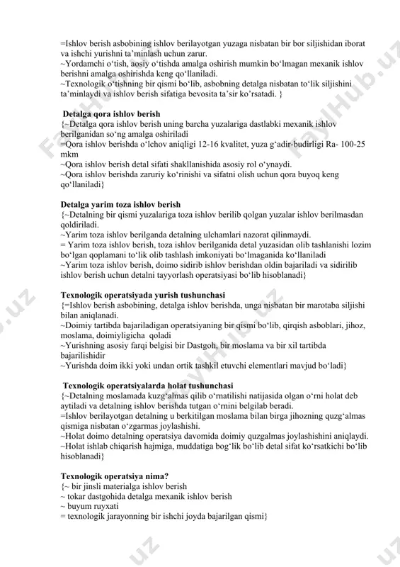 peratsiyalar aloxida elementlari bо‘yicha bajariladi. =texnologik jarayon aloxida-aloxida bajariluvchi nisbatan sodda kо‘plab texnologik operatsiyalardan iborat bо‘ladi. ~operatsiyalar, ularning bajarilish tezligiga qarab baxolanadi. ~texnologik jarayon bir opresiyadan iborat bо‘lib, uning bajarilish tartibi aniq parametrlar bо‘yicha belgilangan bо‘ladi.} texnologik jarayon turlari {=markazlashgan, differensiallashgan. ~aloxida, aralash, differensiallashgan, kompleks. ~markazlashgan, differensiallashgan, aralash. ~differensiallashgan, aralash, qushma} ishlab chiqarish turlari {~kо‘plab; kam miqdorda; kо‘p nusxada =ommaviy; seriyalab; donalab ~doimiy; davriy; kam nusxada; kо‘p nusxada ~guruhlab; seriyalab; donalab; kо‘plab; ommaviy; doimiy.} texnologik operatsiyada yordamchi yurish {~yordamchi о‘tish asosiy о‘tishning bir qismi bо‘lib, detalga qо‘shimcha ishlov berishda keng qо‘llaniladi. =ishlov berish asbobining ishlov berilayotgan yuzaga nisbatan bir bor siljishidan iborat va ishchi yurishni ta’minlash uchun zarur. ~yordamchi о‘tish, aosiy о‘tishda amalga oshirish mumkin bо‘lmagan mexanik ishlov berishni amalga oshirishda keng qо‘llaniladi. ~texnologik о‘tishning bir qismi bо‘lib, asbobning detalga nisbatan tо‘lik siljishini ta’minlaydi va ishlov berish sifatiga bevosita ta’sir ko’rsatadi. } detalga qora ishlov berish {~detalga qora ishlov berish …