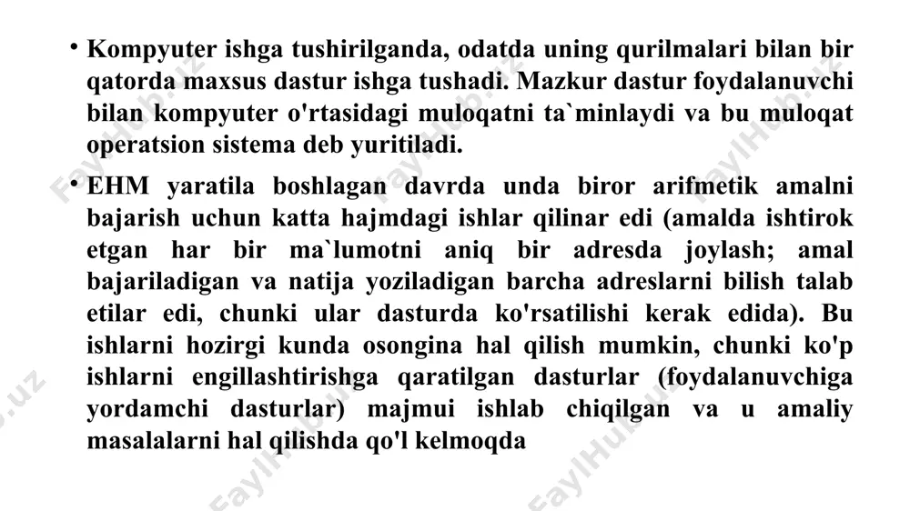zatishlar kiritish imkoniyati oddiy va yetarlicha bo’lishi kerak. operatsion sistema ishonchli bo’lishi kerak. iloji boricha kam joy egallashi lozim. eksplutatsiya jarayonida aniqlangan muammolar o’sha vaqtda dasturchilar tomonidan hal etilishi kerak. katta dasturiy ta’minot bazasiga ega bo’lishi kerak. unix operatsion sistemasini yuqoridagi bandlar bo’yicha solishtirib chiqamiz. barcha versiyalarni qoniqtiradi hamma apparaturalar bilan ishlay oladi. o`zgartirishlar va tuzatishlar kiritish mumkin. nafaqat stol kompyuterlari, balki serverlarda ham ishonchli ishlaydi. talabga javob beradi. unix operatsion sistemalaridagi xatoliklar eksplutatsiya jarayonida to’g’irlash imkoni mavjuddir 30-yillik faoliyati davomida unix operatsion sistemalari juda katta dasturiy ta’minot bazasiga egadir.. linux yadrosi haqida linux-posix standarti asosida linus torvalds tomonidan 1991 yil c (gcc imkoniyatlari asosida) va assembler(at&t- gnu assembler sintaksisi) dasturlash tillaridagi yozilgan. linux operatsion sistemasi superkompyuterlar, serverlar va telefonlarning operatsion tizimlarida (m-n android) ko’p ishlatiladi. linux yadrosi ko’p masalalarni yechishga mo’ljallangan bo’lib, virtual xotira, dinamik kutubxonalar va tarmoq protakollarini qo’llab-quvatlaydi. linux operatsion tizimi yadrosi ko’p masalalarga mo’ljallangan bo’lsada hozirgi …