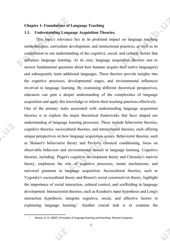 theory and pavlov's classical conditioning, focus on observable behaviors and environmental stimuli in language learning. cognitive theories, including piaget's cognitive development theory and chomsky's nativist theory, emphasize the role of cognitive processes, innate mechanisms, and universal grammar in language acquisition. sociocultural theories, such as vygotsky's sociocultural theory and bruner's social constructivist theory, highlight the importance of social interaction, cultural context, and scaffolding in language development. interactionist theories, such as krashen's input hypothesis and long's interaction hypothesis, integrate cognitive, social, and affective factors in explaining language learning. another crucial task is to examine the methodological foundations of language acquisition theories and their implications for language teaching and learning. language acquisition theories inform instructional practices by providing insights into the most effective approaches, techniques, and strategies for facilitating language learning. for example, behaviorist principles have influenced the use of reinforcement, repetition, and drill exercises in language teaching, while cognitive theories have emphasized …