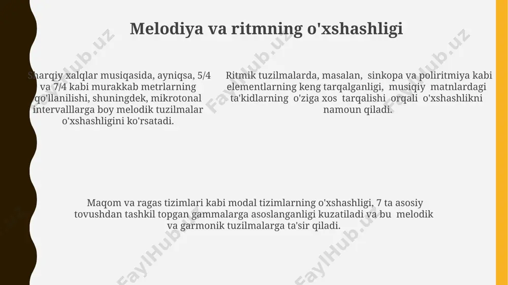ng umumiy xususiyatlari sharq musiqasida 5 dan 7 gacha bo‘g‘inli maqomlarning keng tarqalganligi va ularning modal tizimlari orqali ifodalangan hissiy rang-barangligi kuzatiladi. sharq musiqasi an’analarida 20 dan ortiq turdagi ud (zarb) asboblari, masalan, daf, doira va naylarning keng qo‘llanilishi ritmik tuzilmalarining xilma-xilligini aks ettiradi. ko‘pgina sharq xalqlari musiqasida mikrointervalli intonatsiya, ya’ni 1/4 yoki 1/8 tonlardan foydalanish melodik va ritmik boylikni ta’minlaydi. vokal musiqasining o'xshashliklari ko'pgina sharqiy xalqlarning vokal musiqasida mikrotonal intervalllarning ishlatilishi, ya'ni 12-temperamentdan tashqari intervalllar qo'llanishi, ushbu musiqalarga o'ziga xos rang-baranglik bag'ishlaydi. sharqiy xalqlar vokal musiqasida 5-7 ta asosiy modal intervalli tuzilmalarning o'xshashligi kuzatiladi, bu esa ma'lum bir ohang va kayfiyat birligini yaratadi. vokal texnikasi jihatidan, ko'plab sharqiy xalqlarning an'anaviy qo'shiqlarida nafas olish uslubi va falsetto, vibrato kabi vokal texnikalarining o'xshashligi uchraydi. musiqa va madaniyatning o'zaro bog'liqligi o'zbekiston musiqa madaniyatida 5 dan ortiq asosiy cholg'u asboblar guruhi mavjud bo'lib, har bir guruhning o'ziga xos o'rni va madaniy ahamiyati bor. …
