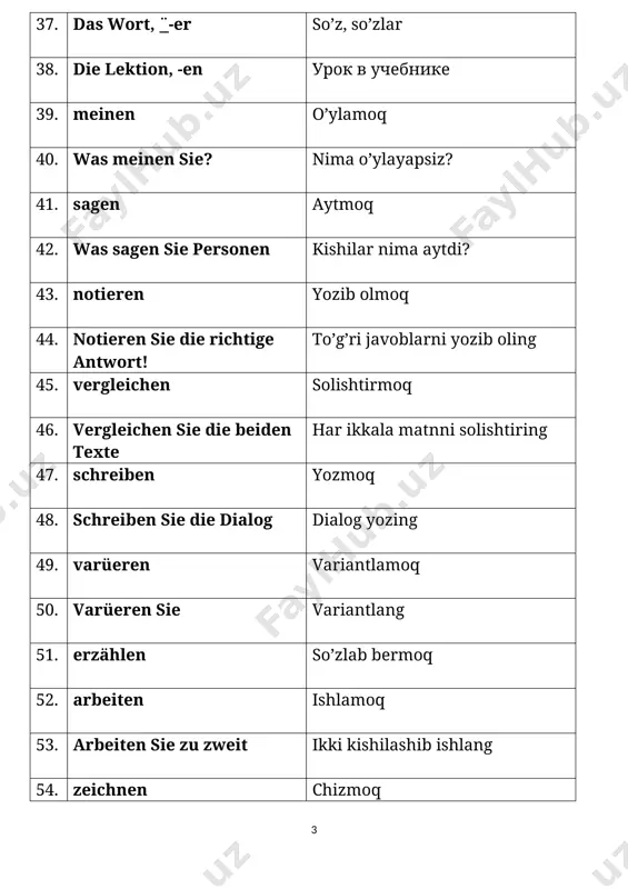 ) 17. woher weißt du das? buni qayerdan bilasan? 18. wie? qanday? (как?) 19. wie geht es dir? ahvollaring qalay? 20. warum? nimaga? (почему?) 21. warum fragst du? nimaga so‘rayapsan? 22. wie viel(e)? qancha? (сколько?) 23. wie viel zeit hast du? qancha vaqting bor? 24. welche (r,s)? qanday, qaysi(какой,-ая,-ое,-ие) 25. welche musik magst du? qanday musiqani yoqtirasan? 26. wessen? kimni? (чей) 27. wessen auto ist das? bu kimni mashinasi? 28. um wie viel uhr? soat nechchida? 29. um wie viel uhr kommt er? u soat nechchida keladi? 30. mit wem? kim bilan? (с кем) 31. mit wem spricht er? u kim bilan gaplashyapti? 32. das lied, -er qo’shiq 33. duetsch nemischa 34. die deutsche sprache nemis tili 35. kennen tanimoq, bilmoq 36. ich kenne ihn gut men uni yaxshi taniyman 37. noch yana (ещё) 38. das kettenspiel zanjir o’yini 39. meist ko’p 40. er hat die meister bücher unda ko’p …