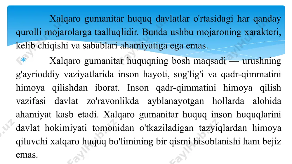 ­larda ishtirok etishining taqiqlanishi ko'zda tutilgan. agar, o'smir mojaroda ishtirok etgan va qo'lga olingan bo'lsa, u holda unga zarur kafolatlar, shu jum­ladan, ta’lim olishni davom ettirish imkoniyati beriladi. qizil xoch va qizil yarim oy milliy hamjamiyatlari mojaro qurbonlariga insonparvarlik yordami ko'rsatishlari mumkin. fuqarolarning yaradorlar va bemorlarni yig'ib olish hamda ularga yordam ko'rsatish borasidagi harakatlari rag'batlantiriladi. agar aholi zarur ta’minotning yetishmasligidan jabrlanayotgan bo'lsa, u holda davlatning roziligiga ko'ra, xorijiy yordam barcha aholi uchun bir xil asosdagi ta’minot sifa­tida qabul qilinishi mumkin. nizolashayotgan tomonlar yaradorlarni qidirish va qutqarish, ular­ga insoniy muomala qilish, shu jumladan, tibbiy yordam ko'rsatish bo­rasida barcha zarur choralarni qo'llashga majbur. tibbiy va diniy xodimlar hurmat va himoyadan foydalanadilar. tibbiyot muassasalari va transporti hujum uchun nishon bo'lmasligi kerak. tibbiyot muassasasi yoki transporti harbiy maqsadlarda foydalanilganda ularga homiylik to'xtatiladi. tibbiyot muassasalarini belgilashda xalqaro mojarolar davrida qo'llaniladigan belgilardan foydalaniladi. tinch aholi ichki mojarolar chog'ida jiddiy xavf-xatar ostida qoladi. 1977-yilgi qo'shimcha protokolda bunga …
