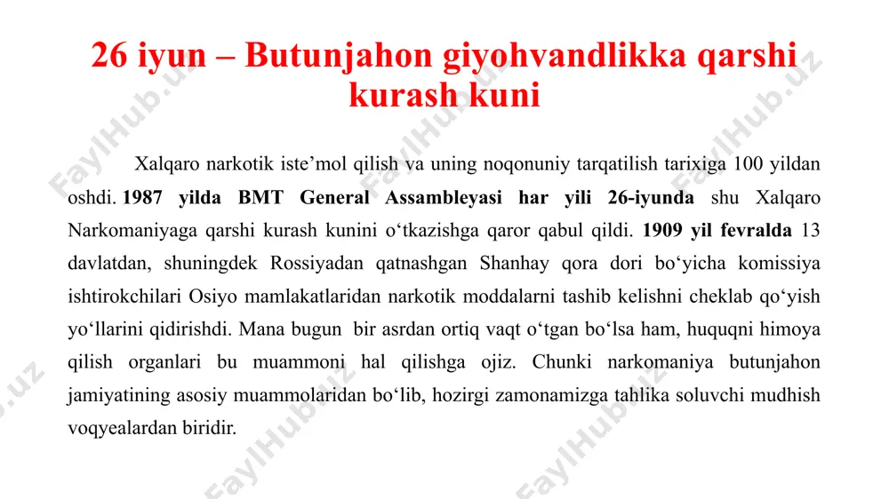 lar jamiyat hayotida tobora faollashib, o'z o'rniga ega bo'lib borayotgan bir vaqtda ayrim irodasi sust o'smirlarimiz giyohvandlik balosiga mubtalo bo'layotgani barchamizni tashvishga soladi. zero, og'u inson jismini qanchalik xarob qilsa, xuddi shunday jamiyatga ham mislsiz darajada zarar etkazadi. asr vabosi deb atalayotgan bu illat tinch-totuv yashayotgan oilalarni buzadi, bolalarni etim qiladi, muhtojlik, qashshoqlikda yashashga majbur etadi. oqibati esa, albatta, ayanchli yakunlanadi. giyohvandlik vositalarini, qaysi turi bo'lmasin, iste'mol qilishni boshlagan shaxs avvaliga unga o'rganish hosil qilishini barchamiz bilamiz. ammo bir bir yil o'tar-o'tmas giyohvand mehnatga yaroqsiz holatga kelib qoladi. natijada jinoyatga qo'l urishga majbur bo'ladi. yа'ni, navbatdagi giyohvandlik vositasini qabul qilish maqsadida o'g'irlikni o'z uyidan – oilasidan boshlaydi. mana, sizga buning yaqqol isboti. tahlilchilarning fikricha, giyohvand moddalarning keng tarqalishi bir qator ijtimoiy muammolarga sabab bo‘ladi. jumladan, demografik fojyealarni keltirib chiqaradi, ijtimoiy-iqtisodiy hayotda jinoyatchilik ko‘zga tashlanadi. bmtning jinoyatchilik va giyohvand moddalar ustidan nazorat boshqarmasi ma'lumotlariga ko‘ra, 2015 yilda giyohvandlikka ro‘ju qo‘yganlar so‘nggi …
