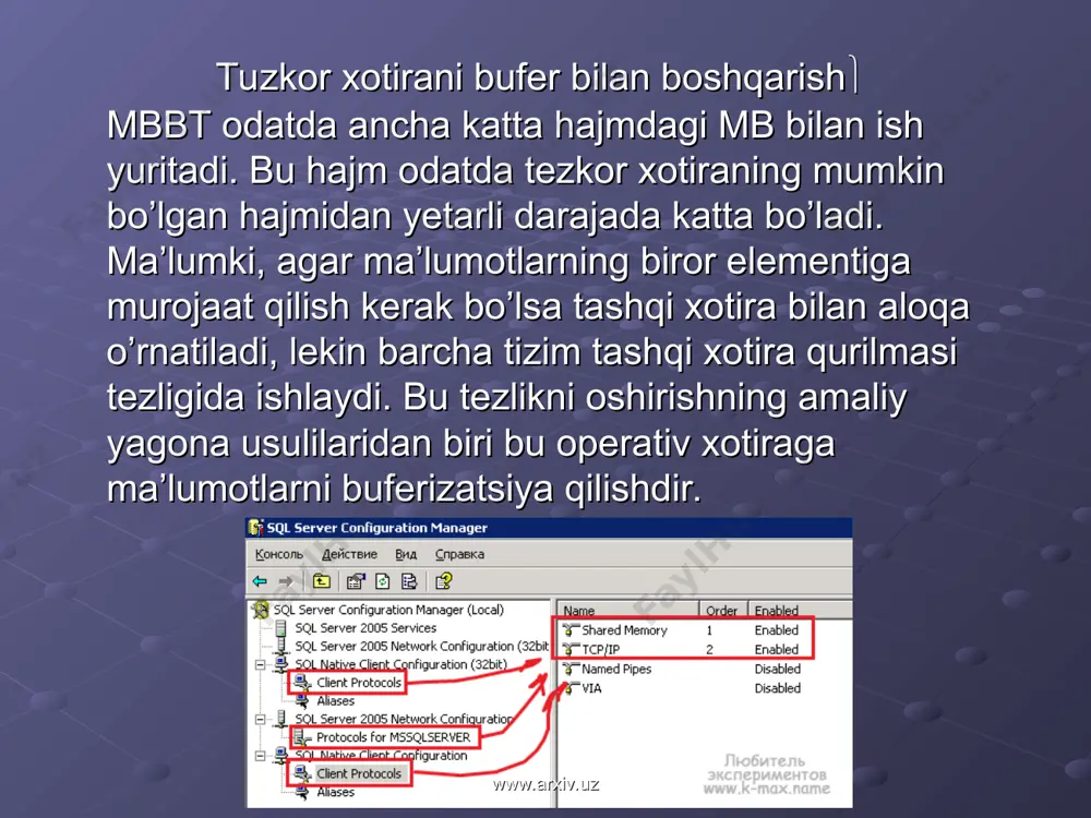 alanuvchilar turli polnomochiyalarga ega bulishi kеrak. mb sining jadvalini yaratgan foydalanuvchi, shu jadval bilan ishlash polnomochiyalarini tulik tuplamiga ega. bu tuplamga boshka foydalanuvchilarga barcha yoki ba’zi polnomochiyalarni bеrish xam kiradi, xudi shunday polnomochiyalarni bеrish polnomochiyasi xisobga olgan xolda. foydalanuvchi polnomochiyalari maxsus jadval-kataloglarda yozilgan buladi va ularning kontroli sql tili darajasida xam amalga oshiriladi. www.arxiv.uz www.arxiv.uz e’tiboringiz uchun rahmat! www.arxiv.uz www.arxiv.uz