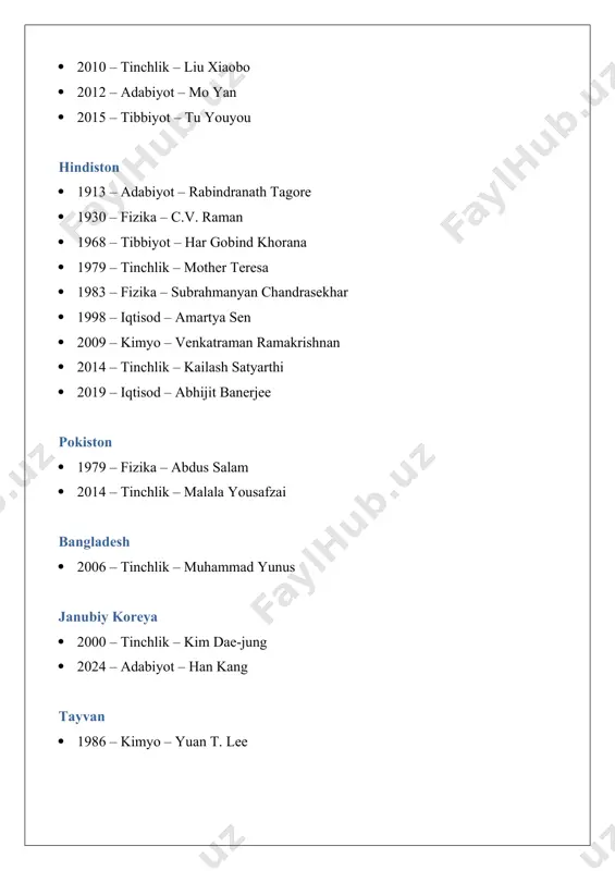 nobel mukofotining ta’sis etilish tarixi va osiyolik sovrindorlari roʻyxatini tuzish - Page 5