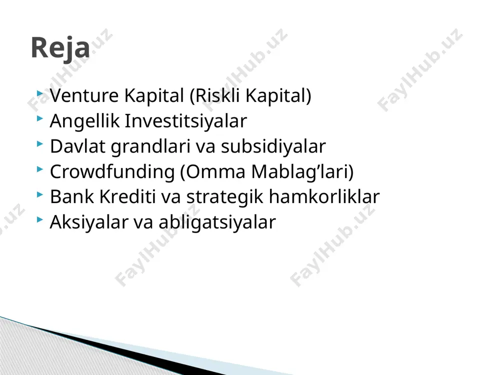 ni amalga oshirish uchun ishlatiladi. crowdfunding (omma mablag’lari) ommaviy mablag‘ to‘plash imkoniyati. investorlar o‘zini mahsulotga yoki xizmatga bevosita bog‘lashlari mumkin. misol: kickstarter, indiegogo kabi platformalarda innovatsion startaplar uchun ommaviy mablag‘ yig‘ish misollari mavjud. afzalliklari bank krediti — bu biznesga ishlab chiqarish jarayonini rivojlantirish yoki yangi texnologiyalarni yaratish uchun zarur bo‘lgan mablag‘ni olish usulidir. strategik hamkorliklar innovatsion kompaniyalar yoki startaplar o‘z faoliyatlarini kengaytirish yoki yangi texnologiyalarni rivojlantirish uchun yirik kompaniyalar bilan hamkorlik qilishadi. bunda hamkor kompaniya moliyaviy yoki texnologik resurslar taqdim etadi. bank krediti va strategik hamkorliklar bank krediti odatda, katta miqdordagi mablag‘larni tezda olish imkoniyati. banklar ko‘pincha investorlar kabi ulush talab qilmaydi. misol: an'anaviy kompaniyalar yangi texnologiyalarni ishlab chiqish uchun banklardan qarz olishadi. strategik hamkorliklar keng tarmoq va resurslardan foydalanish imkoniyati. yirik kompaniyalar o‘z brendini yangi texnologiyalar yoki mahsulotlarga kiritadilar. misol: yirik texnologik kompaniyalar (masalan, microsoft yoki ibm) kichik startaplar bilan hamkorlik qilishadi. afzalliklari tavsif: innovatsion kompaniyalar aktsiyalar yoki obligatsiyalar …