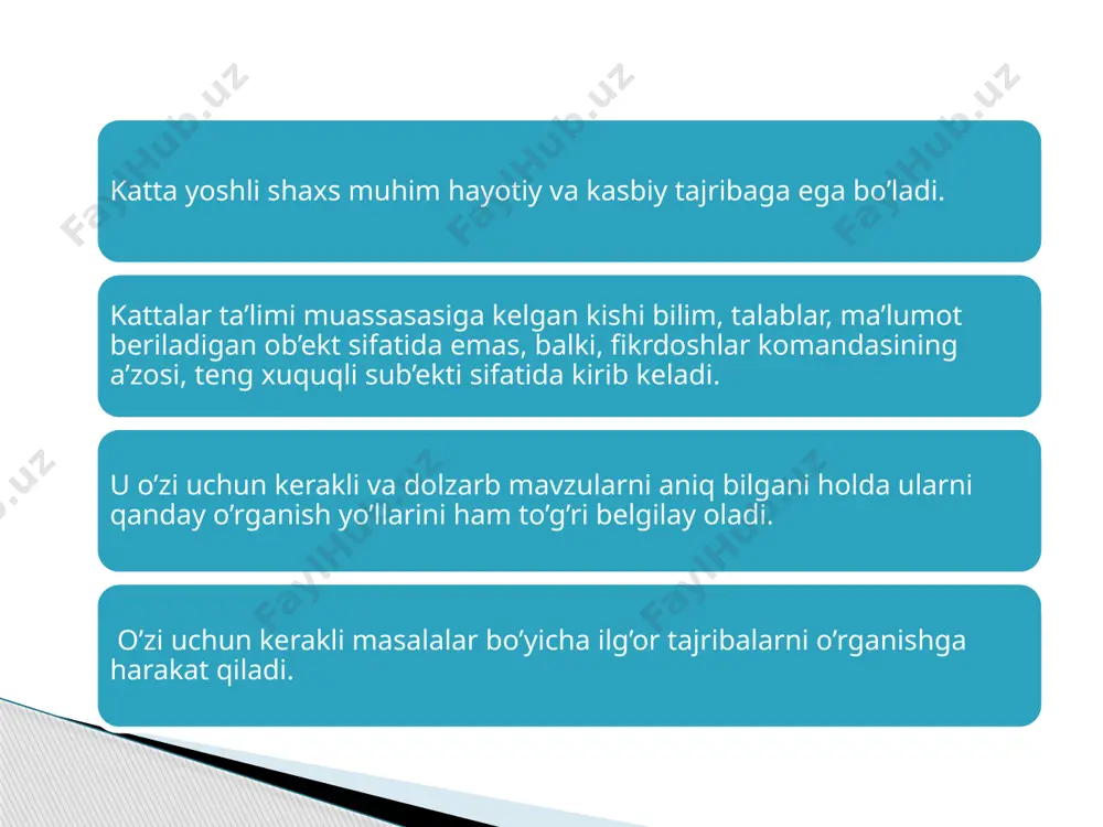 blanadi. atrofdagilar uchun bilim va tajriba manbaidir. yosh o’tgan sari katta odamda ta’lim olishga nisbatan layoqat kamayib bormaydimi? olingan bilimlarni kerakli hajmda va tempda o’z faoliyatiga qo’llay oladimi? aslida tabiat kishi hayotining barcha davrlarda atrof hayot, boshqa odamlar bilan bog’liq informatsion- ta’limiy o’z munosabatida bo’lishi uchun zarur bo’lgan barcha biologik va neyrofiziologik shart-sharoitlarni yaratgan. kishi turli yoshida olayotgan bilimlari samarali bo’lishi uchun ularga albatta tafakkur jarayoni kerak bo’ladi. b.g.ananev, l.i.antsiferova, yu.n.kulyutkin, v.s.rotenberg, ye.n.stepanova, g.s.suxobskayalarning ko’p yillik o’tkazgan tadqiqotlari shuni ko’rsatadiki, tafakkur inson hayotining barcha davrlarida faolligini yo’qotmaydi, lekin uning sturukturasida, tizimida ma’lum bir kattalar ta’limi bilan shug’ullanuvchi insonlar bilishi kerak bo’lgan o’zgarishlar sodir bo’ladi. samaradorlik o’quv jarayonining shaxsga yo’naltirilgan ta’lim asosida tashkil etilganligiga bog’liq. rivojlantiruvchi ta’lim. malaka oshirish jarayonidagi shaxsga yo’naltirilgan ta’lim tinglovchining mavjud bilim, ko’nikma va malakalarini hisobga olgan holda potentsial imkoniyatlarini yuzaga chiqarish, asosida amalga oshiriladi. shaxsni rivojlantirish, jahon standarti talabiga javob beradigan, o’ziga, boshqa insonga, jamiyatga, davlatga, …