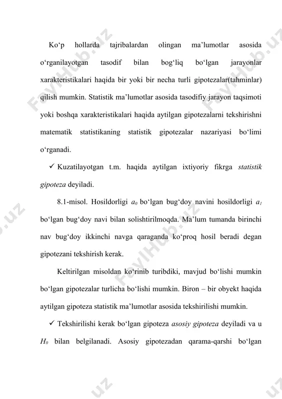 sh mumkin. - tanlanma o‘rta qiymat θ0 va - parametrlik normal qonun bo‘yicha taqsimlangani uchun bu yerda - laplas funksiyasi. tanlangan ixtiyoriy ehtimollik uchun, , tengliklar bajariladigan cα soni har doim mavjud. demak, neyman – pirson teoremasining barcha shartlari qanoatlantiriladi. shu teoremaga asosan t. e. q. alomat mavjud va uning kritik to‘plami quyidagicha aniqlanadi. , mana shu alomatning quvvatini hisoblaylik. alternativ h1 gipotezaga ko‘ra - tanlanmaning o‘rta qiymati θ1 va - parametrli normal qonun bo‘yicha taqsimlangandir. u holda (1) (1) munosabatdan ikkinchi tur xatolik ekanligi kelib chiqadi. endi quyidagi masalani ko‘raylik. aliomatning qiymatdorlik darajasi α ga teng bo‘lganida, ikkinchi tur xatolik β ga teng bo‘lishi uchun nechta kuzatilma kerak?; ya’ni tanlanmaning hajmi qanday bo‘lishi kerak? kerakli n soni topish uchun ikkita tenglamaga egamiz. bular va (2) φ(y)=p tenglamaning yechimini ko‘raylik. bu tenglamaning yechimi yp normal qonunning p – chi kvantili deyiladi. u holda (2) ga asosan . oxirgi ikki tenglikdan …
