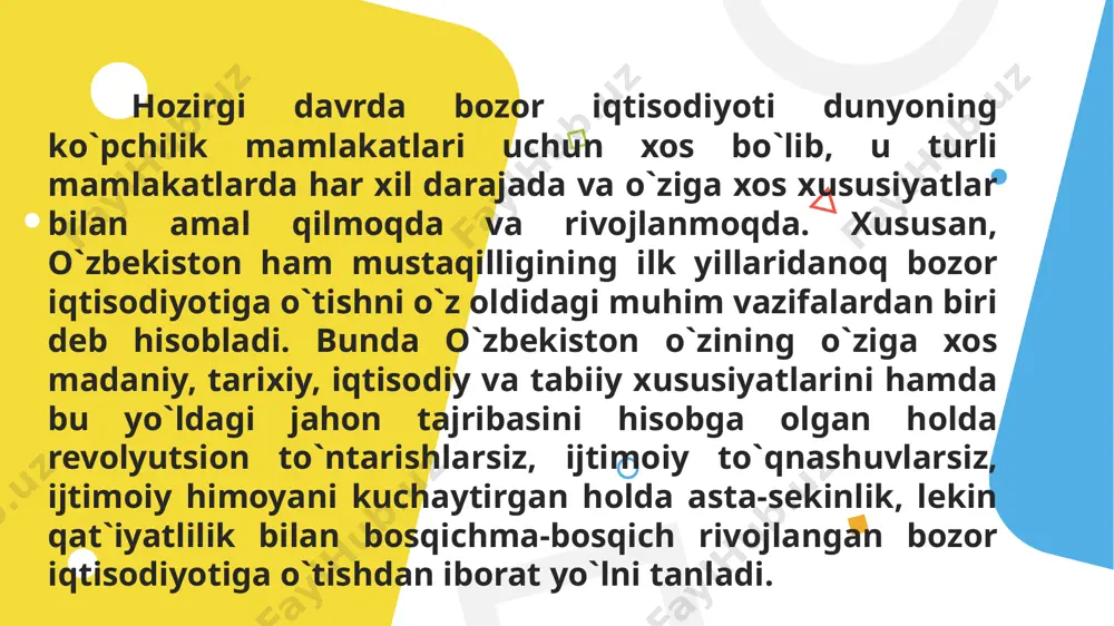 kni taʼminlab, ish tashlash va boshqa noroziliklarga oʻrin qoldirmaydi. bozor iqtisodiyotining korporativ modelida iqtisodiyotning korporativ sektori xalq xoʻjaligining tayanchi hisoblanadi, ammo iqtisodiyotning ikkilamchi va yetakchi boʻlmagan sohalarida nokorporativ sektor ham saqpanib qoladi. korporativ modelda ham kichik biznes mavjud, ammo uning mustaqilligi juda chegaralanadi, u deyarli korporatsiya izmida boʻladi, uning buyurtmalarini bajaradi. bozor iqtisodiyoti modellari korporatsiya doirasiga tortilmaydi. korporativ iqtisodiyot ustuvor boʻlgan mamlakatlarga yaponiya misol boʻla oladi. har bir mamlakat iqtisodiyotining ravnaqi xalqiga munosib turmush tarzi yaratib berilgani bilan belgilanadi. olimlarimiz oʻtgan asrda mamlakatlar iqtisodiy rivojlanishining amerika, yevropa, yaponiya, janubiy koreya, janubi-sharqiy osiyo, osiyo va afrika davlatlari modellarini oʻrganib, tahlil qilgan. lekin ushbu mamlakatlar tajribasini toʻgʻridan-toʻgʻri tatbiq etib boʻlmasligi amaliyotda isbotlangan. bu davlatlarda bozor munosabatlarining rivojlanishi tekis va benuqson kechmaganligi esa tahlillarda koʻrsatib oʻtilgan. mamlakat iqtisodiy oʻsishiga bir nazar va xalqaro tajriba yaqin tarixdan maʼlumki, oʻzbekiston resurslarga boy mamlakat boʻlsa-da, iqtisodiy taraqqiyotda koʻplab sharq mamlakatlaridan orqada qolgan edi. 1989-1990 yillarda ishlab …