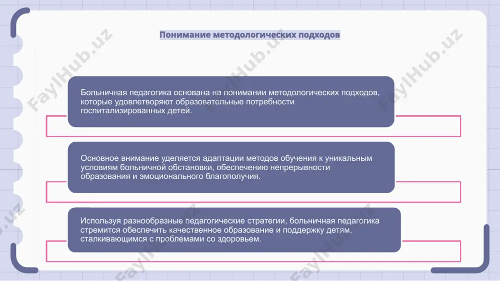 цинских работников, позволяющую коллективно решать сложные проблемы ухода за пациентами и улучшать клинические результаты. интегрируя совместное обучение в больничную педагогику, организации здравоохранения могут способствовать развитию культуры непрерывного обучения и профессионального развития. такой подход повышает качество ухода за пациентами и удовлетворенность персонала в медицинских учреждениях. инновации в больничном образовании больничная педагогика – это изучение методов обучения в условиях больницы. оно предполагает инновационные подходы к обучению детей, получающих медицинскую помощь. инновации в больничном образовании могут включать использование технологий для проведения уроков, создание индивидуальных планов обучения для пациентов и координацию с поставщиками медицинских услуг для поддержки обучения. методологические основы госпитальной педагогики направлены на адаптацию традиционных образовательных практик для удовлетворения уникальных потребностей и проблем, с которыми сталкиваются студенты в медицинских учреждениях. этические соображения в больничной педагогике при рассмотрении методологических основ больничной педагогики крайне важно изучить этические соображения, которыми руководствуется эта практика. больничная педагогика предполагает обучение детей, находящихся в больнице, и в этой ситуации важно …
