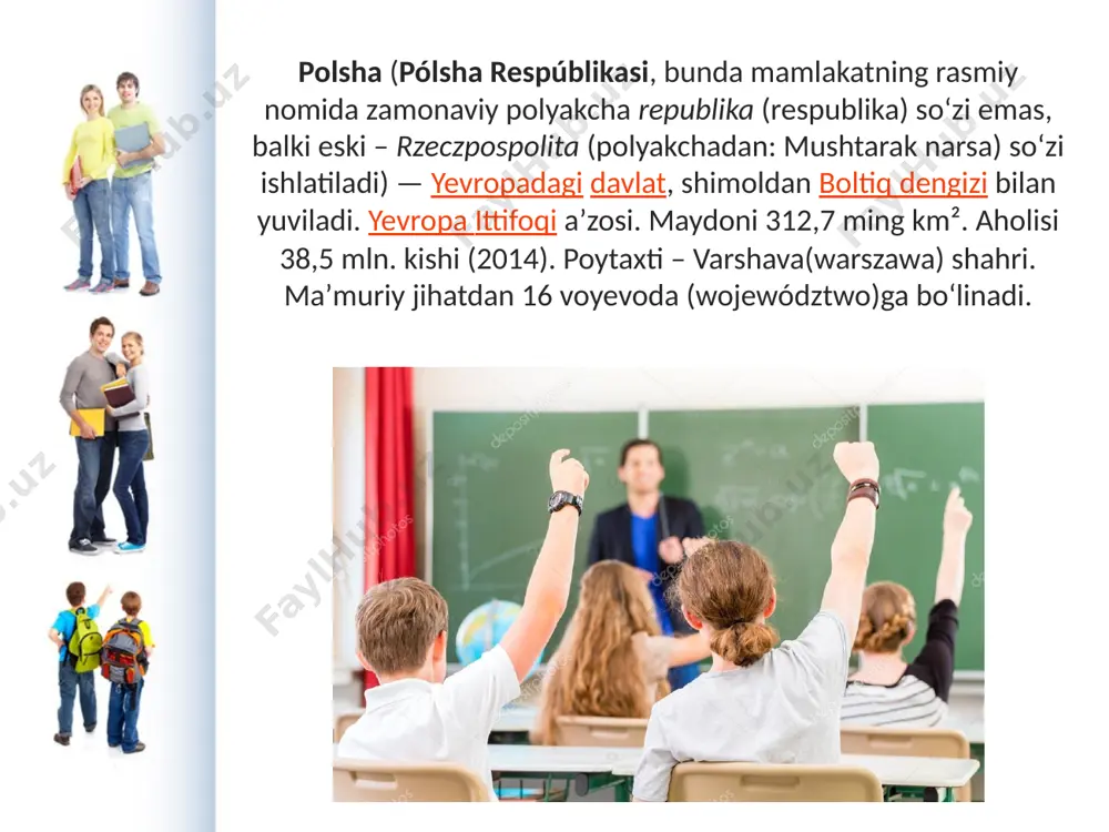 ʻp. polshada tatra, penin va boshqa milliy bogʻlar bor. aholisining 98,5% polyaklar; ukrainlar, belaruslar, slovaklar ham yashaydi. rasmiy til – polyak tili. dindorlarning koʻpchiligi – katoliklar. shahar aholisi –62,1%. yirik shaharlari: varshava, lodz, krakov, vrotslav, poznan, gdansk va boshqa polsha respublikasi rzeczpospolita polska bayroq gerb shior: yoʻq madhiya: mazurek dąbrowskiego poytaxt varshava rasmiy til(lar) polyakcha hukumat prezidentik respublika • prezident andrzej duda • bosh vazir mateusz morawiecki mustaqillik (qayta tiklangan) maydon • butun 312,679 km2 (69-oʻrin) • suv (%) 3.07 aholi • 2017-yilgi roʻyxat 38,634,007 (35-oʻrin) • zichlik 123/km2 yim (xqt) 2017-yil roʻyxati • butun aqsh$429,349,000,000 (23-oʻrin) • jon boshiga aqsh$12,722 pul birligi polsha złoty (pln) vaqt mintaqasi utc+1 • yoz (dst) utc+2 qisqartma pl telefon prefiksi 48 internet domeni .pl asosiy siyosiy partiyalari, birlashmalari va kasaba uyushmalari demokrat partiya, 1939-yil asos solingan; konservativ xalq partiyasi, 1997-yil tuzilgan; mustaqil polsha konfederatsiyasi partiyasi, 1979-yil tashkil etilgan; polyak dehqonlari partiyasi, 1990-yil asos …