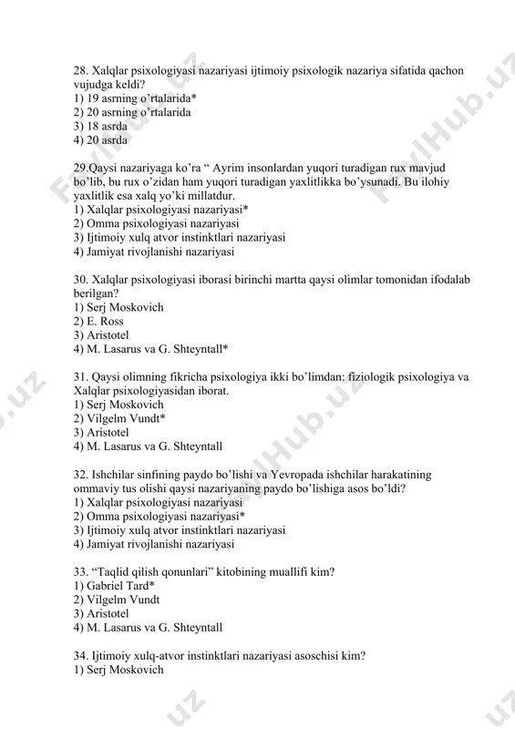 g’on mulohazalar … 1) odatda hissiy, ishonchli ifodalanadi 2) xissiy sayoz bo’ladi, tashqaridan qaraganda namoyishkoronaligi bilinib turadi* 3) detallar, xodisalar va konkret kishilar ishtirok etadi 4) barcha javoblar to’g’ri. 45. kishining bilag uzugiga, soatiga yoki shu kabilarga hech qanday maqsadsiz tegib-tegib qo’yishi nmani bildiradi? 1) asabiylik* 2) uyquchanlik 3) ishonchsizlik 4) qo’rquv 46. kiyimdagi yo’q changlarni qoqish nimani bildiradi? 1) asabiylik 2) uyquchanlik 3) ishonchsizlik 4) suhbatdosh fikriga e’tiborsizlik* 47. inson suhbat paytida tana a’zolarini o’zini yupatayotgandek silab silab qo’yishi nimani bildiradi? 1) suhbatdosh fikriga e’tiborsizlikni 2) yolg’on gapirayotganini* 3) o’yga tolib qolganini 4) ishonchsizlikni 42. suhbatdoshingiz suhbat paytida qo’l barmoqlarini siqayotgani nimani bildiradi? 1) u nimadandur juda havotir* 2) u o’yga tolib qolgan 3) u sizning fikringizga qo’shilmaydi 4) u sizga ishonmaydi 48. agar suhbatdosh qo’lini beliga tirab olgan bo’lsa u…. 1) u o’zining ustunligini bildirmoqchi* 2) u o’yga tolib qolgan 3) u sizning fikringizga qo’shilmaydi 4) u sizga …