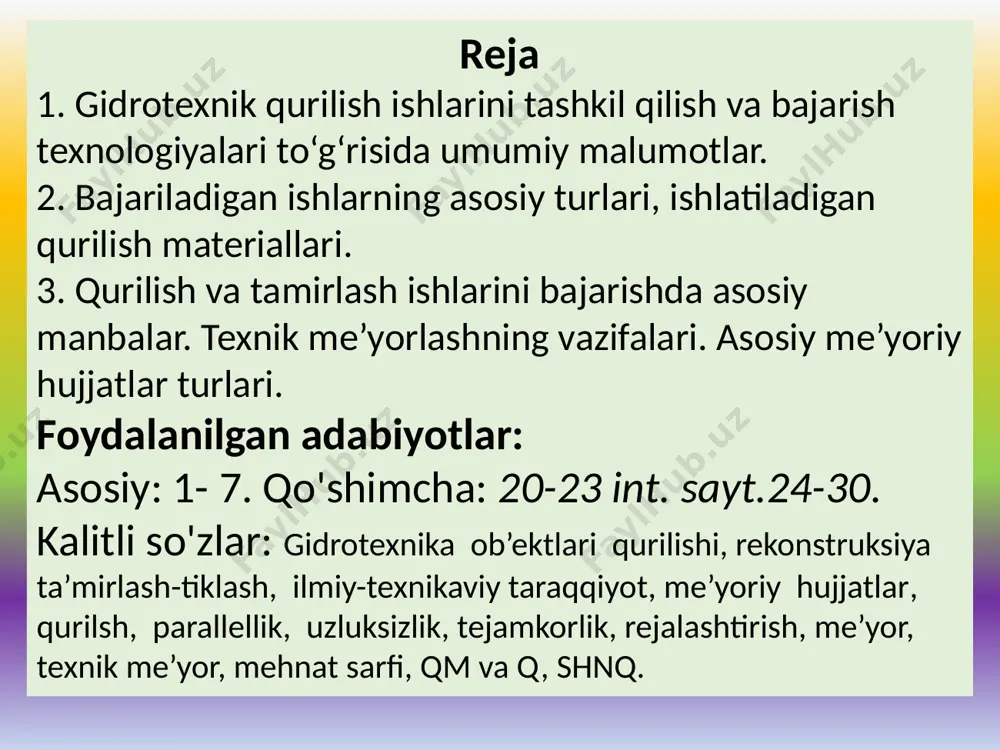 тими қошидаги ирригация ва сув муаммолари институти.т.2015.158-б. 18. аҳмедов и.а.гидромелиорация ишларини ташкил қилиш ва технологияси. тошкент. mubina holigraf servis. 2014. 204 б. 19. аҳмедов и.а.гидромелиорация ишларини ташкил қилиш ва технологияси. тошкент. тими. 2008. 224 б. 20. doniyorov t.o. gidrotexnika ishlarini bajarish fanidan ma’ruzalar matni. qrshi. qarmii. 2018 y. 311 b. 21. doniyorov t.o. gidrotexnika ishlarini bajarish fanidan “beton qoplamali kanal qurilishini tashkil qilish” mavzusida kurs loyihasini bajarish uchun uslubiy qo‘llanma. qarshi. mii 2019 y 66.b. 22. doniyorov t.o. “gidroterxnika ishlarini bajarish. suv xo’jaligi qurilishini tashkil qilish, rejalashtirish va boshqarish” fanidan amaliy mashg’ulotlar uchun uslubiy qo’llanma. qarshi. qarmii. 2020 y. 65 b. 23. doniyorov t.o. “gidroterxnika ishlarini bajarish. suv xo’jaligi qurilishini tashkil qilish, rejalashtirish va boshqarish” fanidan kurs loyihasini bajarish bo'yicha uchun uslubiy qo’llanma. qarshi. qarmii. 2020 y. 29 b. internet saytlari www.lex.uz www.liters.ru/tags/gidrotehnika/ water.gov.uz/ru uza.uz/ru/documents nrm.uz ministroy.uz/ru cawater-info.net kirish 2017 yil 7 fevraldagi pf-4947-sonli farmoni bilan tasdi?langan “2017-2021 yillarda o’zbekiston …