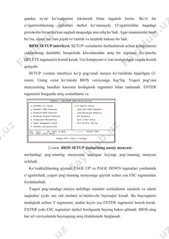 exit setup (o‘zgarishlarni saqlash va chiqish). bu buyruq setup vositalarining ishini kiritilgan o‘zgarishlarni saqlash bilan tugatadi. bu buyruqning ekvivalenti menyuning yuqori pog‘onasidagi klaviaturadan f10 tugmasini bosishdir. exit without saving (o‘zgarishlarni saqlamasdan chiqish). bu buyruq setup vositalarining ishini kiritilgan o‘zgarishlarni saqlamasdan tugatadi. bu buyruqning ekvivalenti menyuning yuqori pog‘onasida klaviaturadan esc tugmasini bosishdir. setup vositalariga bo‘ysunadigan sozlashlar energiyaga bog‘liq bo‘lmagan xotirada saqlanadi. ular uchun ajratilgan soha escd (extended static configuration data – tizimli konfiguratsiyaning kengaytirilgan ma’lumotlari) deb nomlanadi. bu ma’lumotlardan boshlang‘ich yuklanish vaqtida tizimli plataning kontrollerlarini qayta dasturlash uchun foydalaniladi. 2. windows operatsion tizimini o‘rnatish kompyuterdan to‘liq foydalanishdan oldin, unga operatsion tizim o‘rnatilishi kerak bo‘ladi. operatsion tizimni bir marta o‘rnatib, uning qurilmalari haqida o‘ylamasdan va qo‘shimcha o‘rnatish va qayta o‘rnatishlar bilan shug‘ullanmasdan, unda yillab ishlash istagi hammada bor. lekin afsuski windows tizimi kamchiliklardan holi emas. operatsion tizimni qayta o‘rnatish zaruriyatini keltirib chiqaradigan quyidagi uchta sabab mavjuddir: 1. yangi versiyasining vujudga kelishi. windows …