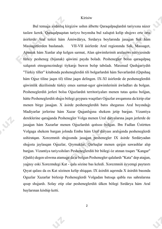 axtı qıyat qalası da os kat sózinen kelip shiqqan. ix ásirdiń aqırında x ásirdiń basında oguzlar xazarlar birlesip pesheneglerdi volgadan batısqa qubla rus sahralarına qısıp shıǵardı. solay etip olar pesheneglerdiń úlken bólegi sırdárya hám aral baylarınan kóship ketti. bunnan oǵuzlardıń qaraqalpaqlarǵa qatnası joqlıǵı haqqında pikir tuwılmawı kerek, sebebi xii - ásirde rus dereklerinde aytılǵan qaraqalpaqlardıń ata-babaları bolǵan "chernie klobuki yamasa chernie shapki" ler de oǵuz pesheneglerden quralǵan. qaraqalpaqlardıń kelip shıǵıw tariyxın izertlegen ilimpaz tatyana alekseevna jdanko da sırdaryanıń tómengi aǵımındaǵı oǵuzlardıń paytaxtı bolǵan jańakent qalasınıń atın qaraqalpaqlardaǵı múytenlerdiń keńtanov urıwınıń atı menen baylanıstıradı. qaraqalpaqlardaǵı jabi yamasa yabı urıwı da oǵuz húkimdarları jabǵu/yabǵu lardıń áwladları delinedi. 1. xix ásirde júz bergen kóterilisler. xix asirde, ásirese, rossiya imperiyasining oraylıq aziyada ekspansiyasi dáwirinde, qaraqalpaq xalqiniń bir neshe márte kolonizatorlik siyasatina qarsı kóterilisleri júz boldı. bul kóterilisler tiykarlanıp social, siyasiy, hám ekonomikalıq faktorlarǵa tiykarlanǵan bolıp, olar xiva xonligi hám rossiya imperiyasining abayına juwap retinde …