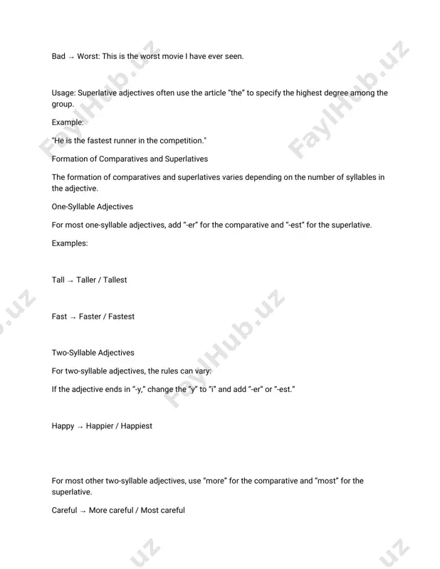 t how adjectives are used. for example, while “smart” and “intelligent” may be synonymous, their connotations differ, leading to different usage in comparative and superlative forms. adjectives as modifiers adjectives can function in various grammatical roles, including attributive (before a noun) and predicative (after a linking verb). attributive example: "the tall building is impressive." predicative example: "the building is tall." conclusion understanding the degrees of comparison for adjectives is essential for effective communication. it allows for precise expression of qualities and comparisons, enriching both spoken and written language. whether describing an individual’s attributes or comparing characteristics, the correct use of positive, comparative, and superlative forms enhances clarity and meaning. further exploration to deepen your understanding of adjectives and their degrees of comparison, consider exploring: the role of adjectives in different languages. the impact of cultural nuances on adjective usage. advanced comparative structures in literature and rhetoric. in summary, the degrees …