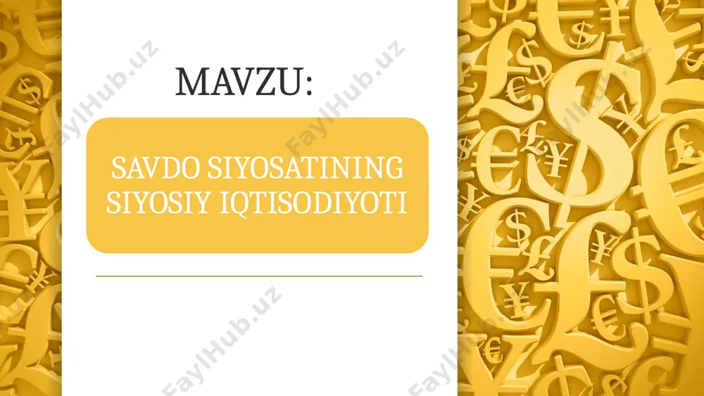 otgan va qoloq mamlakatlar tovar aylanmasi yig’indisi va x.k. o’zbekiston iqtisodiyoti rivojlantirishda tashqi savdoni mohiyati va o’rni. 6 xalqaro iqtisodiy munosabatlarning an’anaviy va eng rivojlangan ko‘rinishi tashqi savdo hisoblanadi. xalqaro iqtisodiy munosabatlar umumiy hajmining 80% i tashqi savdoga to‘g‘ri keladi. har qanday mamlakat uchun tashqi savdoning roli nihoyatda muhimdir. j. saksning fikricha, “dunyodagi har qanday davlatning iqtisodiy muvaffaqiyati tashqi savdoda ko’rinadi. hozirgi davrgacha hech bir mamlakat jahon iqtisodiy tizimidan ajragan holda, sog‘lom iqtisodiyot hosil qila olgani yo‘q” tashqi savdo aylanmasini taxlil qilish shuni ko‘rsatadiki, jahonda ishlab chiqarish 10 %ga ko‘payganda jahon savdosi 25-30 %ga o‘sib borayotganini kuzatish mumkin. 7 garchi so‘nggi yillarda xalqaro iqtisodiy aloqalarda tovar eksportiga nisbatan investisiyalarni bevosita xorijga chiqarish yuqori sur’atlarda o‘sayotgan bo‘lsa-da, jami jahon xo‘jalik aloqalarining 4/5 qismi xalqaro savdo hissasiga to‘g‘ri keladi. bu, eng avvalo, xalqaro savdoning milliy iqtisodiyotdagi ahamiyati va xalqaro iqtisodiy aloqalardagi o‘rni bilan izohlanadi. 8 tashqi savdo milliy iqtisodiyot rivojlanishiga quyidagi yo‘nalishlarda …