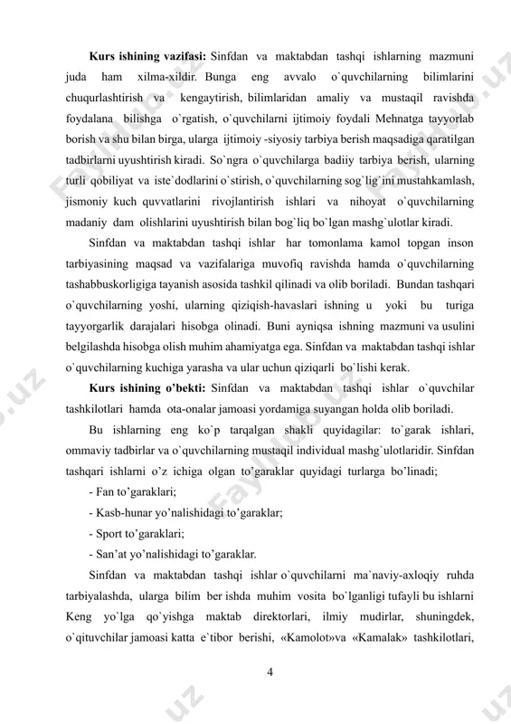 ’nalishlari tarbiyani eng avvalo insonning o’ziga qaratilganligi prezidentimiz tomonidan ishlab chiqilgan butun dunyo hamjamiyati tan olgan qadam -baqadam amalga oshirilayotgan «o’zbek modeli» da juda to’g’ri belgilandi. dunyoda birinchi bor insonni diqqat e’tibori uni o’zligini anglashga qaratildi. o’zligini anglash birinchidan, uning ozod, erkin, nodir, ulug’ siymoligini anglash va o’zida unga amal qilish sifatlarini shakllantirib borish bo’lsa, ikkinchidan u ning o’ziga xos milliyinsoniy asoslarini anglash va ularga amal qilishdan iboratdir[footnoteref:1]. [1: sh. mirziyoev buyuk kelajagimizni mard va olijanob xalqimiz bilan birga quramiz. toshkent –“o‘zbekiston” -2016. ] yuqorida sanab o’tilgan ikki sifat komil inson sifatining asosini tashkil etadi. chunki komil inson sifatlarini tarbiya sohasidagi ilmlarini xulosalab, mujassamlashtirsa, ular asosan 3 ta: 1. ezgu niyat, fikr; 2. ezgu so’z, xushmuomila; 3. ezgu ish, ezgu faoliyatdan iboratdir. shu yuqoridagi uch sifat o’qitishning, ta’lim-tarbiyaning bosh maqsadidan iboratdir. bu bosh maqsad insonlarda, yoshlarda, mutaxassislarda komillik sifatlarini takomillashtirish, yoshlarni zamonaviy axloqiy -amaliy o’quv, malaka, ko’nikmalar qurollantira borish, mutaxassislarda …