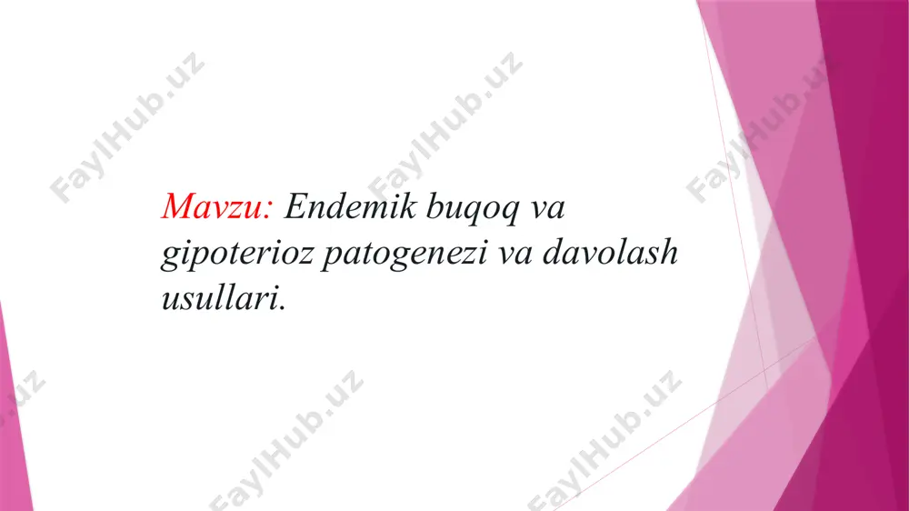 grafiyasi. davolash buqoqni davolash quyidagilarni o'z ichiga oladi: tiroid gormonlarining shakllanishiga to'sqinlik qiluvchi dorilar; radioaktiv yodni o'z ichiga olgan preparatlar; buqoqqa qarshi dorilar; jarrohlik. oldini olish oldini olish uchun tavsiya etiladi: yodga boy ovqatlar iste’mol qilish; uzoq muddat quyoshda qolishdan, nurlanishdan saqlanish; qalqonsimon bez sohasida fizioterapiya o'tkazish (magnitolazeroterapiya). etiologiya ushbu kasallikning dunyo bo’ylab eng keng tarqalgan shakli endemik buqoq hisoblanadi. bunga yod tanqisligi sabab bo’ladi. yodlangan tuz ishlatiladigan mamlakatlarda odatda xasimoto buqoqi shakllanadi, uning muqobil nomi autoimmun tireoidit. gipotireoz — bu qalqonsimon bezning normaldan past faoliyati natijasida yuzaga keladigan holat. qalqonsimon bez (tiroid bez) organizmning metabolizmini boshqarishda muhim rol o'ynaydi, chunki u tiroid gormonlarini ishlab chiqaradi, bu gormonlar tananing energiya ishlab chiqarish, issiqlikni boshqarish va boshqa ko'plab jarayonlarda muhimdir. gipotireozning asosiy sabablari: autoimmun kasalliklar: hashimoto tiroiditi — bu qalqonsimon bezning o'ziga qarshi immun tizimining hujum qilishi natijasida yuzaga keladigan kasallik. qalqonsimon bezning jarohatlari yoki operatsiyasi: agar qalqonsimon bezning bir qismi …