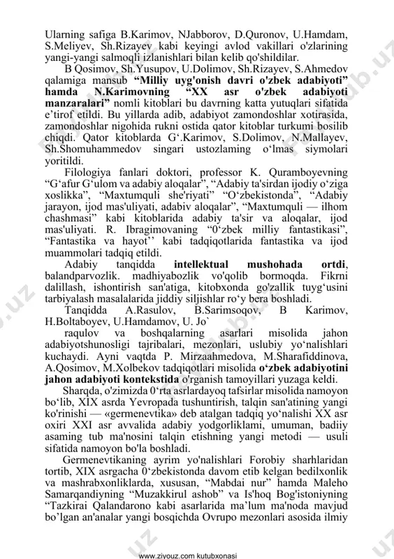 g‘ulom va adabiy aloqalar”, “adabiy ta'sirdan ijodiy o‘ziga xoslikka”, “maxtumquli she'riyati” “o‘zbekistonda”, “adabiy jarayon, ijod mas'uliyati, adabiv aloqalar”, “maxtumquli — ilhom chashmasi” kabi kitoblarida adabiy ta'sir va aloqalar, ijod mas'uliyati. r. ibragimovaning “0‘zbek milliy fantastikasi”, “fantastika va hayot’’ kabi tadqiqotlarida fantastika va ijod muammolari tadqiq etildi. adabiy tanqidda intellektual mushohada ortdi, balandparvozlik. madhiyabozlik vo'qolib bormoqda. fikrni dalillash, ishontirish san'atiga, kitobxonda go'zallik tuyg‘usini tarbiyalash masalalarida jiddiy siljishlar ro‘y bera boshladi. tanqidda a.rasulov, b.sarimsoqov, b karimov, h.boltaboyev, u.hamdamov, u. jo` raqulov va boshqalarning asarlari misolida jahon adabiyotshunosligi tajribalari, mezonlari, uslubiy yo‘nalishlari kuchaydi. ayni vaqtda p. mirzaahmedova, m.sharafiddinova, a.qosimov, m.xolbekov tadqiqotlari misolida o‘zbek adabiyotini jahon adabiyoti kontekstida o'rganish tamoyillari yuzaga keldi. sharqda, o'zimizda 0‘rta asrlardayoq tafsirlar misolida namoyon bo‘lib, xix asrda yevropada tushuntirish, talqin san'atining yangi ko'rinishi — «germenevtika» deb atalgan tadqiq yo‘nalishi xx asr oxiri xxi asr avvalida adabiy yodgorliklami, umuman, badiiy asaming tub ma'nosini talqin etishning yangi metodi — usuli sifatida …