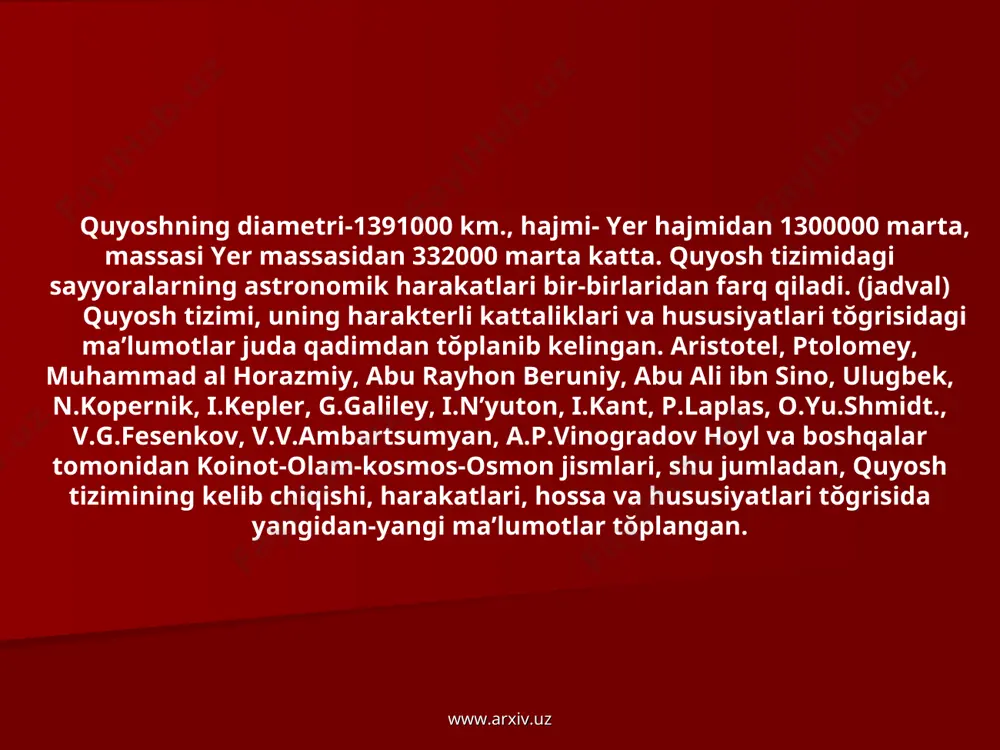 an 3500ga yaqin yulduzni, zamonaviy teleskoplar orqali esa yulduzlarning chegaralanmagan sonini kurish mumkin. hozir astronomlarga yulduzlarning 88 turkumi ma’lum.ularni yulduzlarning ŏziga hos joylashishiga qarab, yulduz kartalaridan foydalangan holda belgilaydilar. yulduzlarning nomlari qadimdan saqlanib kelinmoqda. masalan, sunbulla, aravakash, savr yoki grek afsonalari bilan boglik bulgan:- andromeda, persey, pegas va h.s. hozirgi vaktda astronomlar birnecha mln. yulduzlarning turish vaziyatlarini va ravshanliklarini aniqlaganlar vaular buyicha kataloglar tuzganlar. yulduzlar yermizdan juda katta olis masofada turadilar. agarda quyoshdan yergacha bŏlgan oralik masofani yoruglik 8 minutu 20 sekundda bosib ŏtsa,u holda yerga yakin bulgan tsentavr turkumidagi proksima yulduzidan yoruglik yerga 4 yilu 3 oyda etib keladi. boshka yulduzlardan esa yanada kechrok ya’ni yuz million va hatto bir necha milliard yildan sung yoruglik yerimizga etib kelar ekan. kuyoshning «chekkasi»da 15 yoruglik yili radiusida fakat 43 ta yulduz borligi aniklangan. www.arxiv.uz www.arxiv.uz quyosh sistemasi (tizimi) juda katta yulduzlar tizimini tashkil etgan galaktikaga (bizning galaktika) kiradi. tungi ochik havoda …