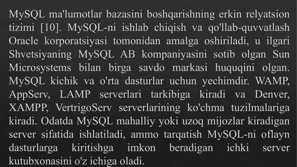 indeks yaratadi (qidiruv kaliti) drop index - indeksni o'chiradi mysql bilan bog‘lanish va ma’lumotlar bilan ishlash quyida mysql-connector-python kutubxonasidan foydalangan holda mysql bilan bog‘lanish, ma’lumot qo‘shish, olish, yangilash va o‘chirish misollari keltirilgan. bog‘lanish va jadval yaratish import mysql.connector conn = mysql.connector.connect( host="localhost", # mysql server manzili (odatda localhost) user="yourusername", # foydalanuvchi nomi password="yourpassword", # parol database="yourdatabase" # ma'lumotlar bazasi nomi ) cursor = conn.cursor() cursor.execute(""" create table if not exists students ( id int auto_increment primary key, name varchar(100), age int ) """) print("jadval yaratildi!") conn.close() matplotlib nima? matplotlib past darajadagi grafik chizish kutubxonasi pythonda vizualizatsiya dasturi sifatida xizmat qiladi. matplotlib jon d. hunter tomonidan yaratilgan. matplotlib ochiq manba bo'lib, biz undan erkin foydalanishimiz mumkin. matplotlib asosan pythonda yozilgan, bir nechta segmentlar platformaning mosligi uchun c, objective-c va javascript-da yozilgan. import matplotlib once matplotlib is installed, import it in your applications by adding the import module statement: import matplotlib matplotlib …
